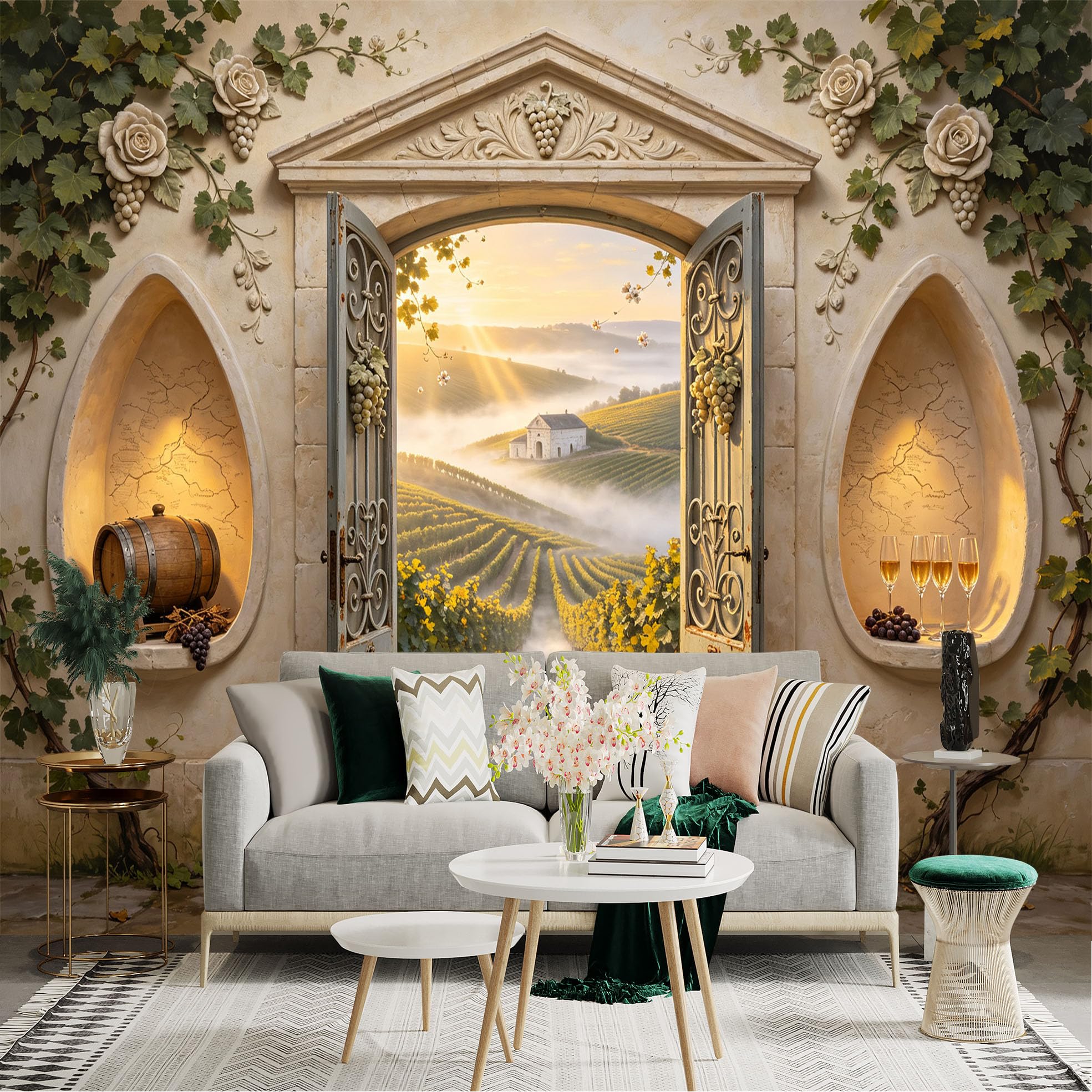 Lnzczhyre Bh260719228 Custom Size Wall Sticker Mural， Open Door View Of Sunny Vineyard， Misty Morning Landscape， Wine Barrel And Glasses， For Wall Decoration， Peelandstick Wall Decals.