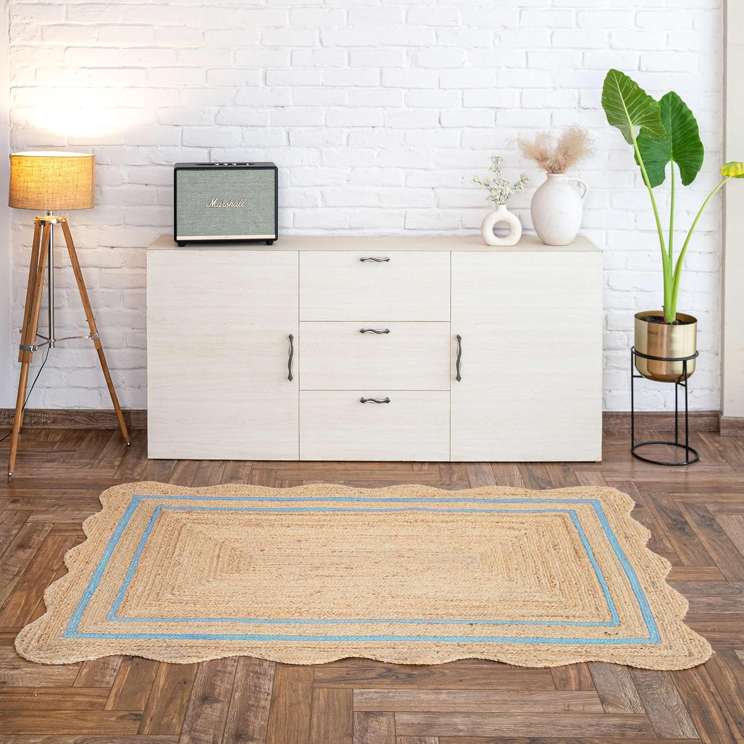 WEAVER'S LOOM Wave Scalloped Area Rug - 8' x 10' Natural, Handmade Flat Weave Jute Carpet, Ideal for High Traffic Areas in Living Room, Bedroom- Teal Blue -8'x10' ft. Jute Area Rug-Home Decor Accent