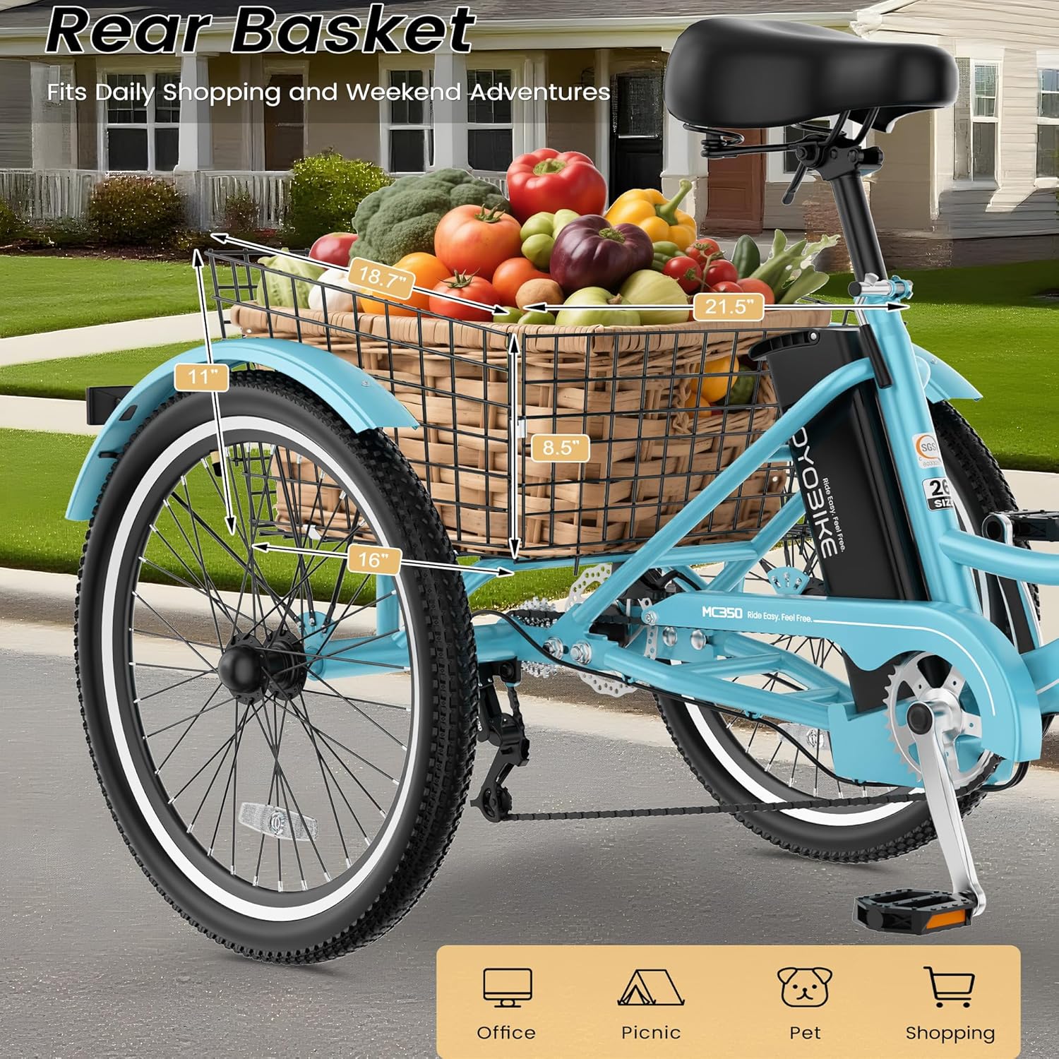 All components of the MOONCOOL Electric Tricycle laid out on a white background.