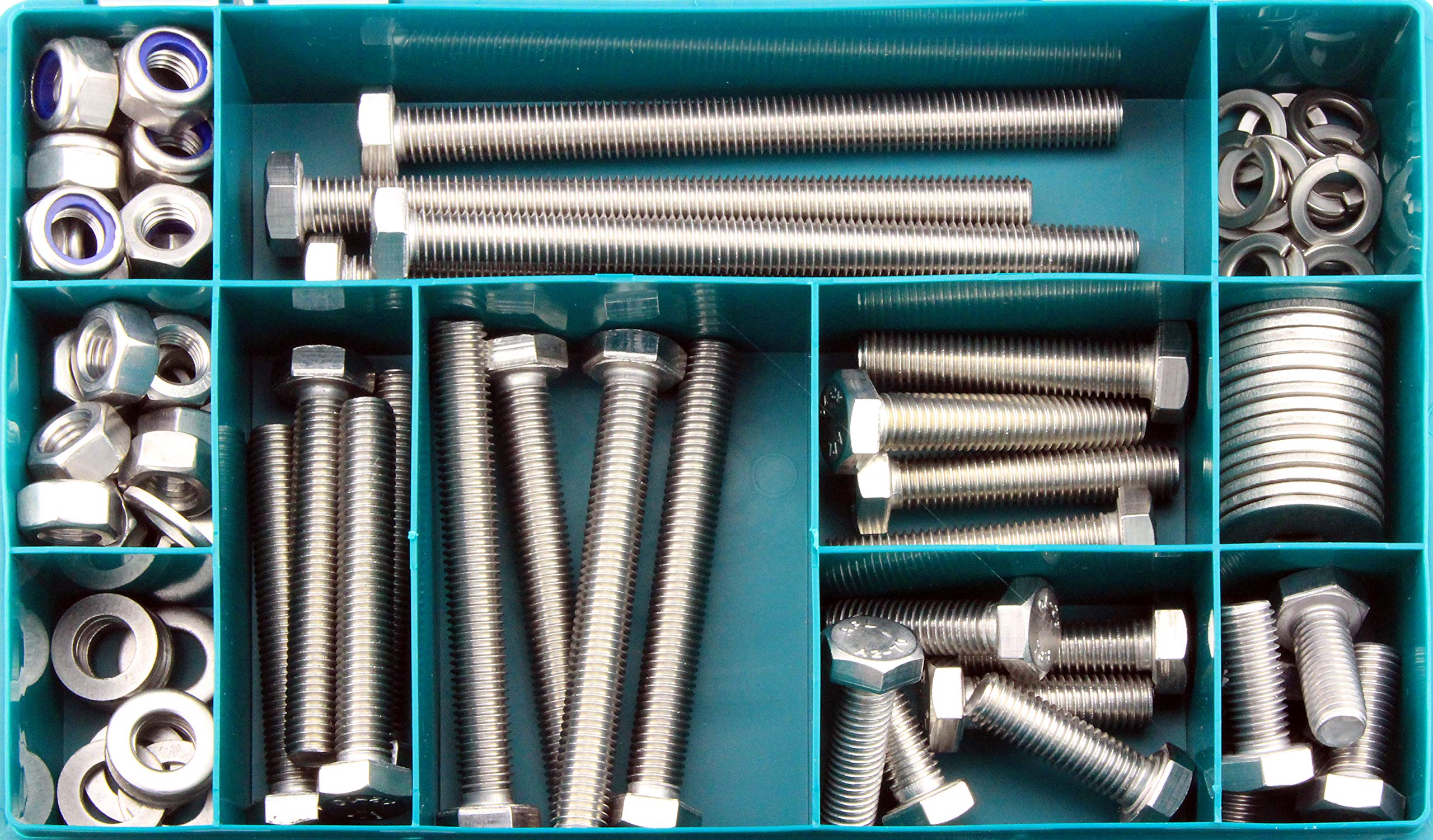 Sortiment Sechskantschraube Gewinde bis Kopf DIN 933 Edelstahl A4 V4A inkl. Schraube+Mutter+Stoppmutter+U-Scheibe+Federring+Große U-Scheibe (DIN933+934+985+125+127+9021) (M12 103 Teile)