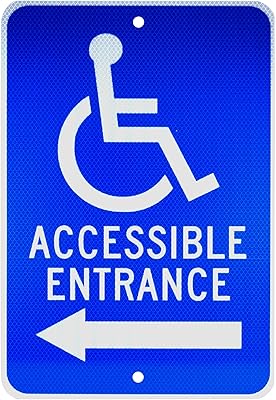 NMC TM150J ACCESSIBLE ENTRANCE – 12 in. x 18 in. Heavy Duty Reflective Aluminum Sign with Handicap Symbol and Left Arrow Graphic, White Text on Blue Base