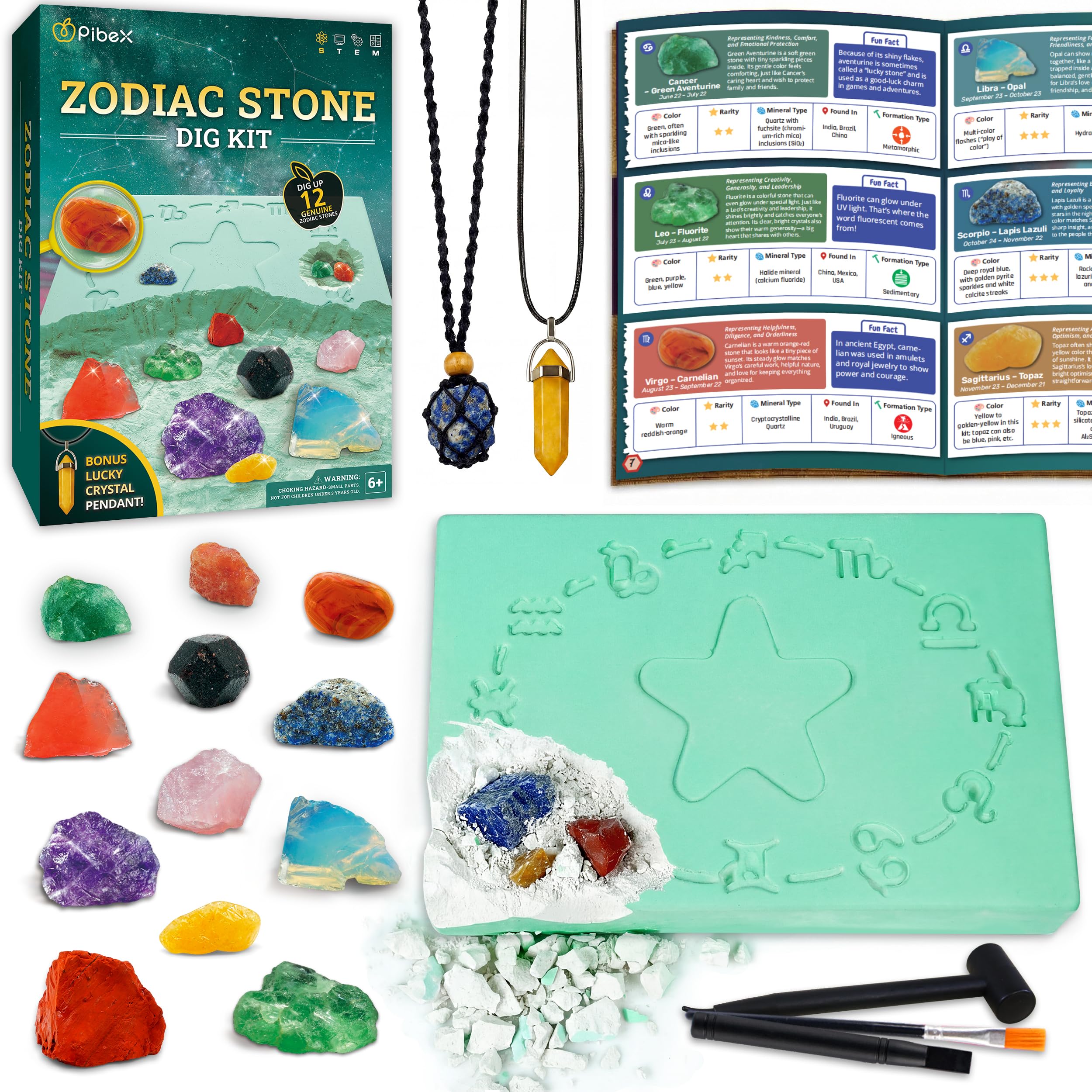 PIBEX Zodiac Stone Dig Kit, Excavate 12 Zodiac Gems & Crystals, DIY Birth Stone Necklace & Bonus Topaz Pendant, STEM Educational Geology Toy, Astrology Gifts for Kids 6-12, Tweens & Crystal Lovers