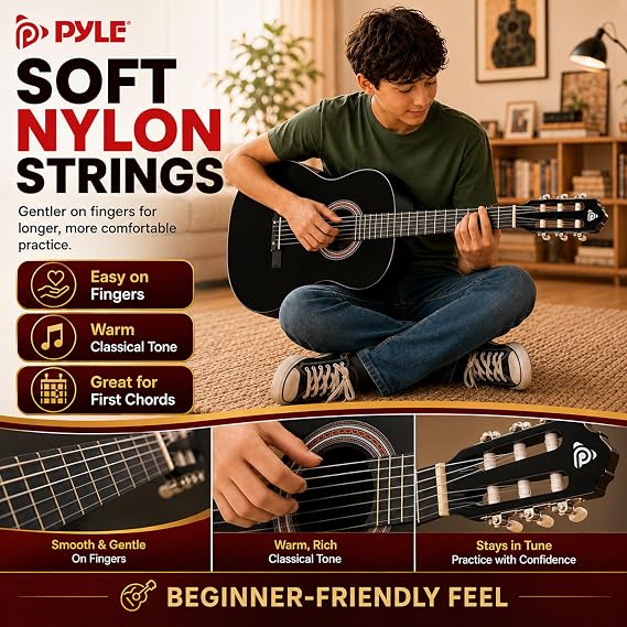 Pyle 36-Inch Beginner Classical Acoustic Guitar Kit, 3/4 Size Junior Nylon String Guitar for Kids and Adults, Includes Gig Bag, Strap, Spare Strings, Picks, Cleaning Cloth, 18 Frets, Black