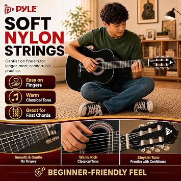 Pyle 36-Inch Beginner Classical Acoustic Guitar Kit, 3/4 Size Junior Nylon String Guitar for Kids and Adults, Includes Gig Bag, Strap, Spare Strings, Picks, Cleaning Cloth, 18 Frets, Black
