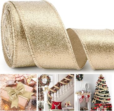 Champagne Gold Ribbon for Christmas Tree Champagne Gold Christmas Ribbon Wired Glitter Christmas Tree Ribbon Garland 2 1/2 Inch 10 Yards Wired Christmas Ribbon For Gift Wrapping Party Ddecor
