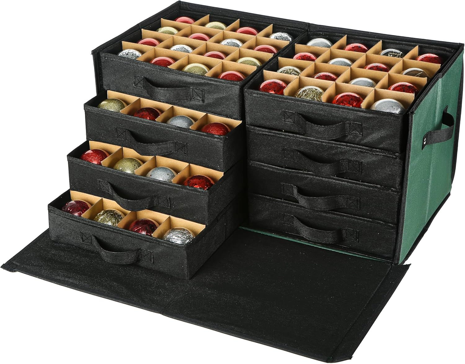 Christmas Ornament Storage Box - 8 Separate Trays, Stores 128 Ornaments - Non-Woven Fabric Containers - 3 Inch Organizer Compartments