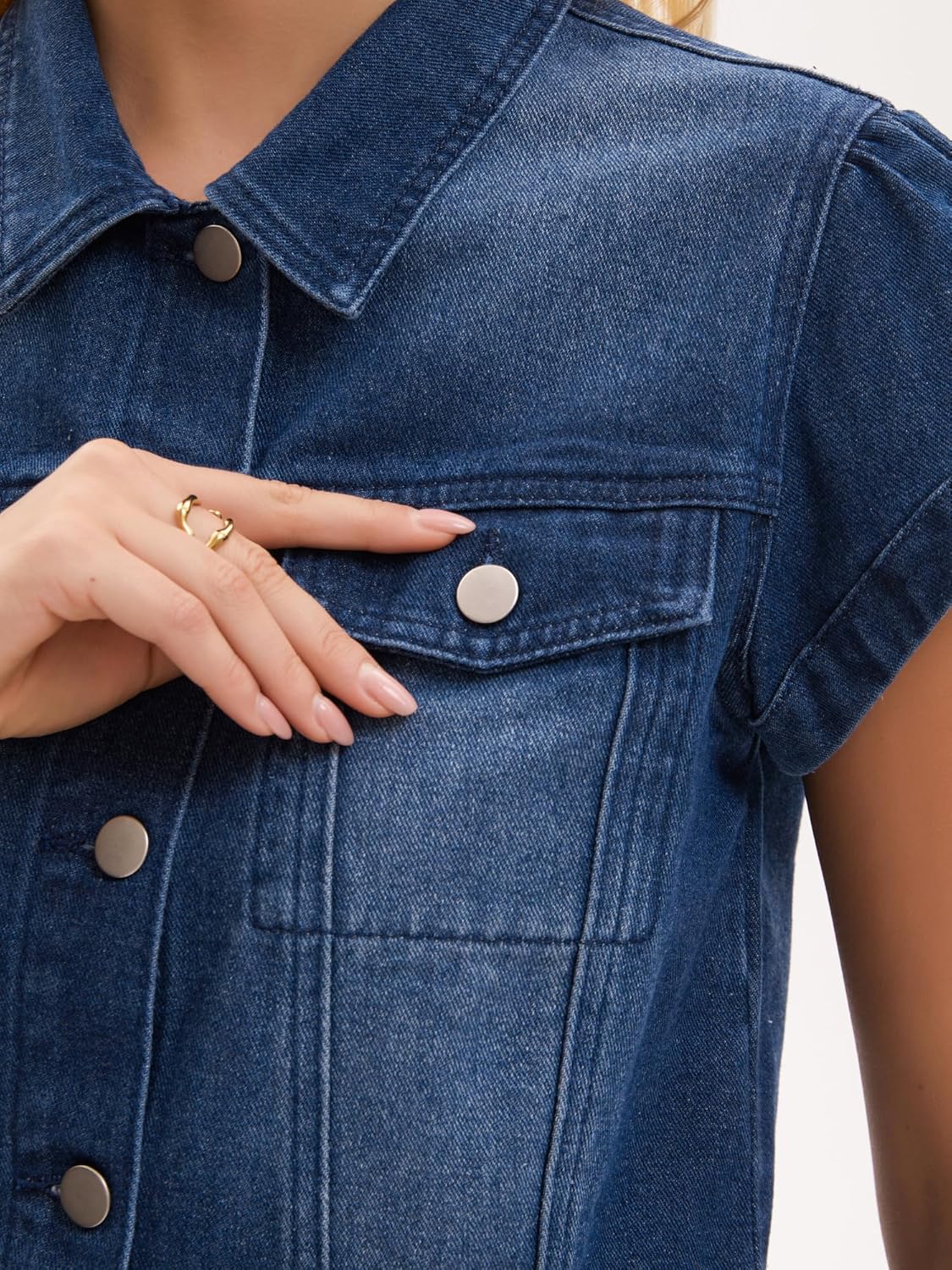 Women's Denim Jacket Cap Sleeve Cropped Button Down with Pockets Classic Jean Jackets - Image 5