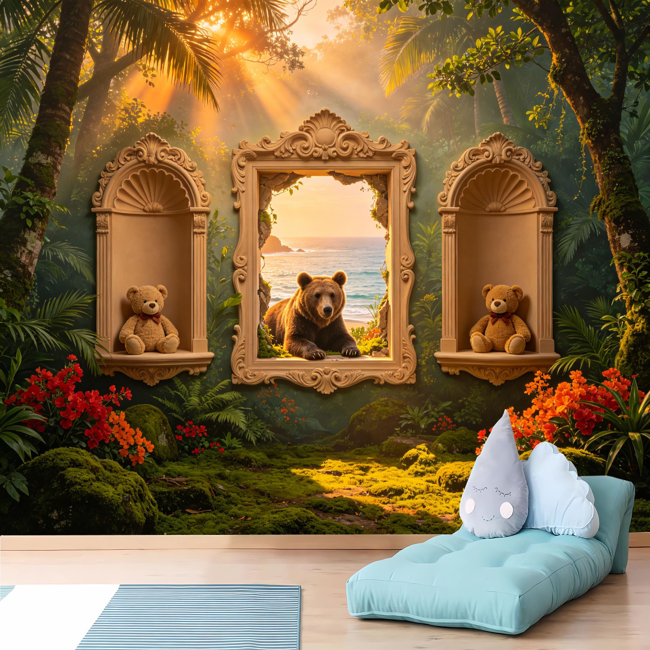 Custom Size Wall Murals 3D Ornate Window Tropical Bear Scene Vivid Wall Murals Self-Adhesive Wall Fabric (NO PVC) Removable Wallpaper for Nursery