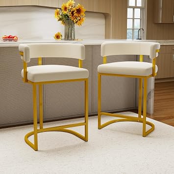 Barstools Set of 2,24" Modern Velvet Bar Chairs with Barrel Backrest, Counter Height Stools with Gold Metal Footrest, Upholstered Seat for Kitchen Counter, Island, Bar, Ivory