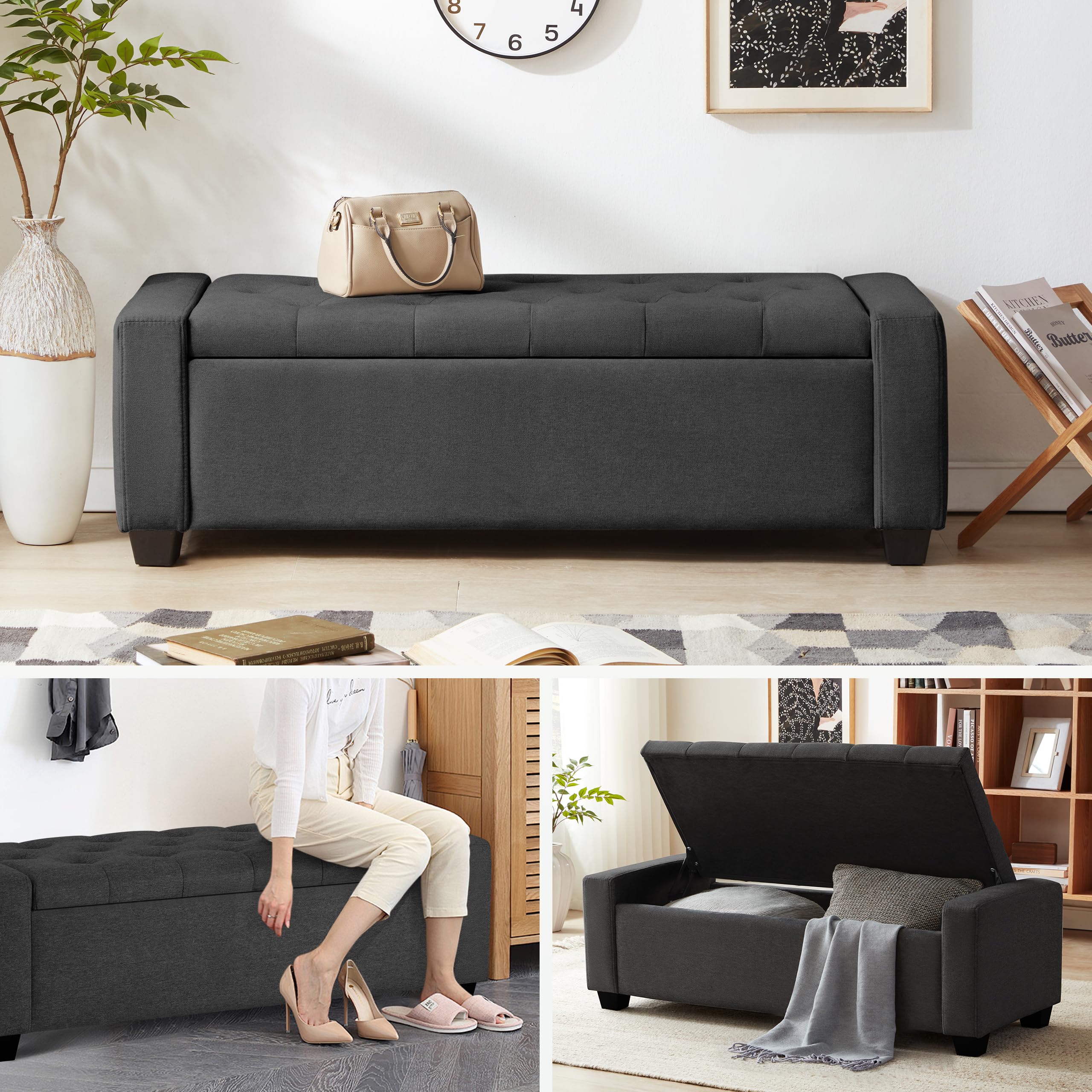 HOWJOE Sitzbank Mit Stauraum, Sitzhocker Mit Stauraum Belastbar Bis 200 Kg, Sitztruhe Mit Stauraum, Aufbewahrungsbox -123*50*42cm, Sitzbox, Polsterhocker Für Wohnzimmer Schlafzimmer Flur, Dunkelgrau