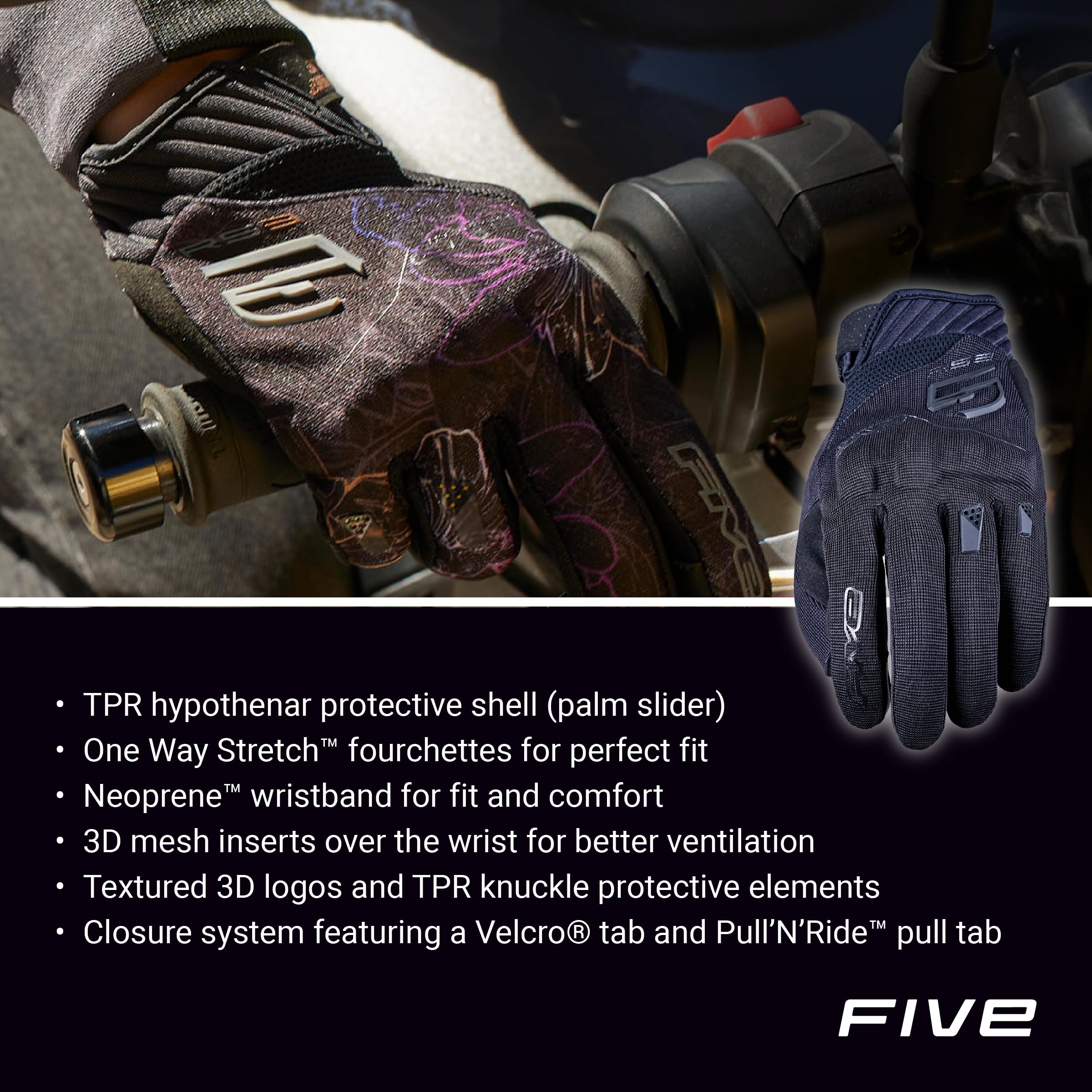 FIVE GLOVES RS3 Evo damskie rękawiczki motocyklowe dla kobiet, rękawiczki do jazdy na motocyklu, skuterze i innych, kwiat borealny/czarny, XS-XL
