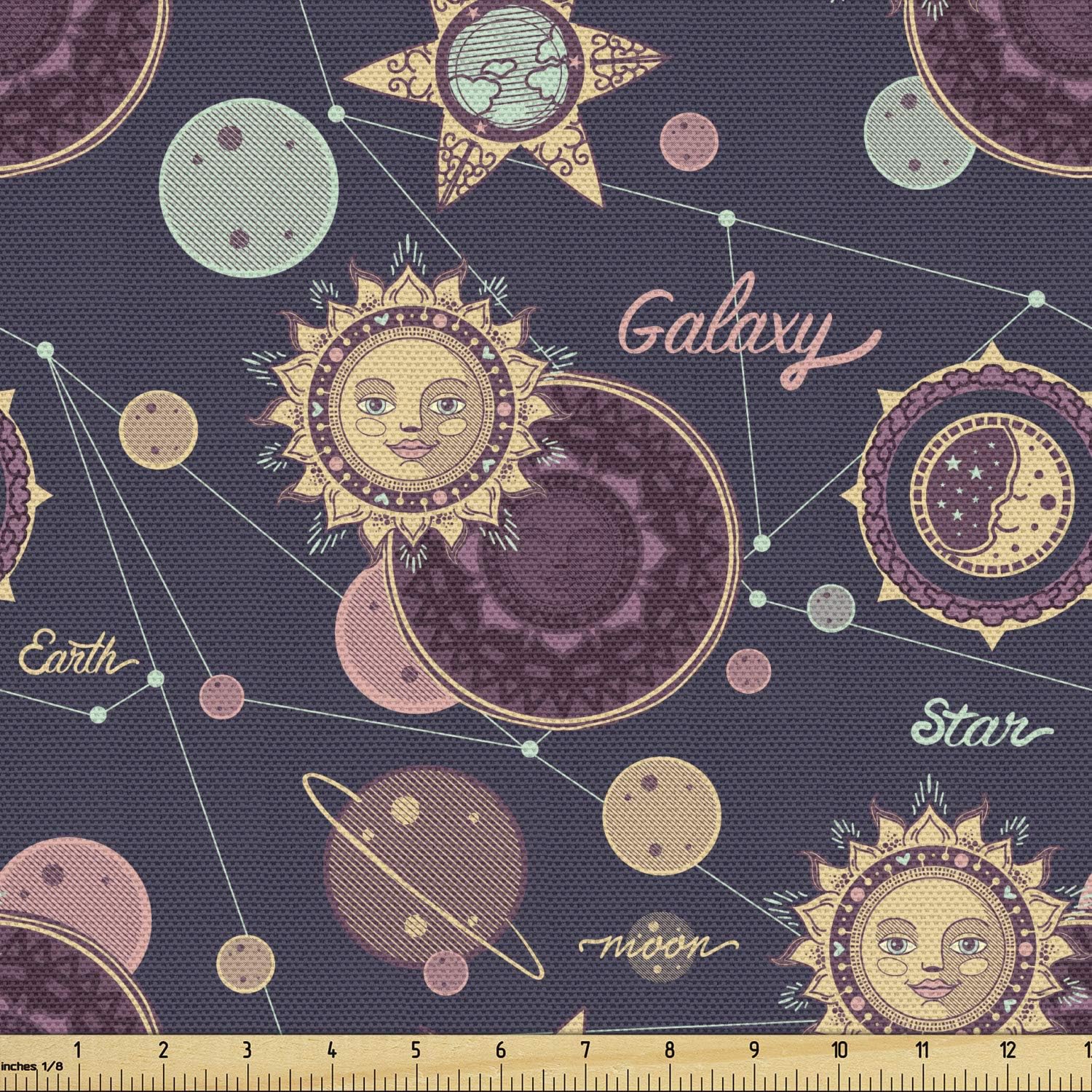 Lunarable Mystic Fabric by The Yard, Pattern of Heavenly Bodies Galaxy Sun Moon Planets, Decorative Fabric for Upholstery and Home Accents, 1 Yard, Indigo Multicolor