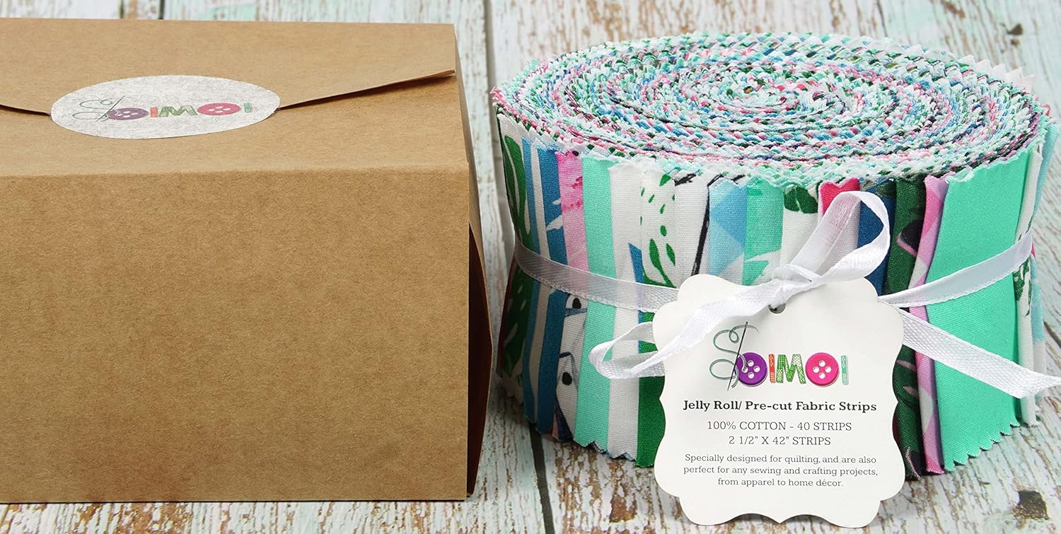 Soimoi 40Pcs Tropical Theme Flamingo Print Cotton Precut Fabrics for Quilting Craft Strips 2.5x42inches Jelly Roll - Pink, Blue & Green