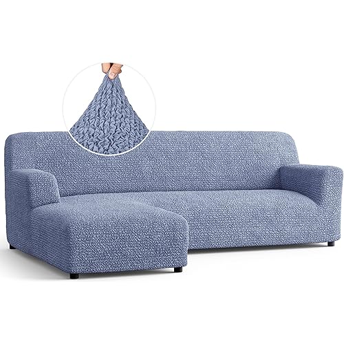 PAULATO BY GA.I.CO. Sectional Couch Cover - Chaise L-Shape Sofa Slipcover - Washable Corner Couch Covers - 1-Piece Form Fit Stretch Cover - Microfibra Collection - Blue (Left-Facing Chaise)