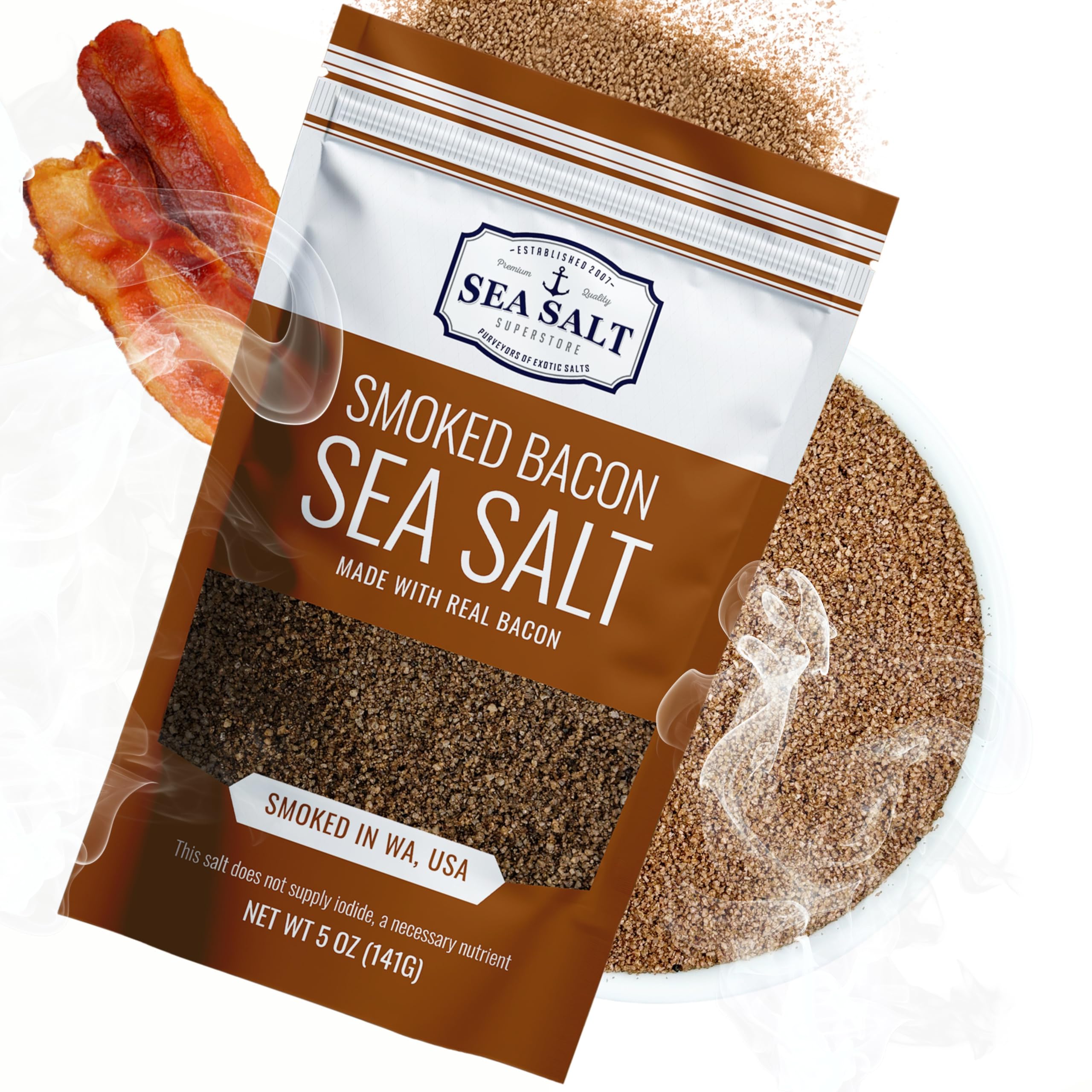 Bacon Seasoning Alderwood Smoked Sea Salt, Bacon Infused Cooking and Finishing Salt, 5 oz Bag.