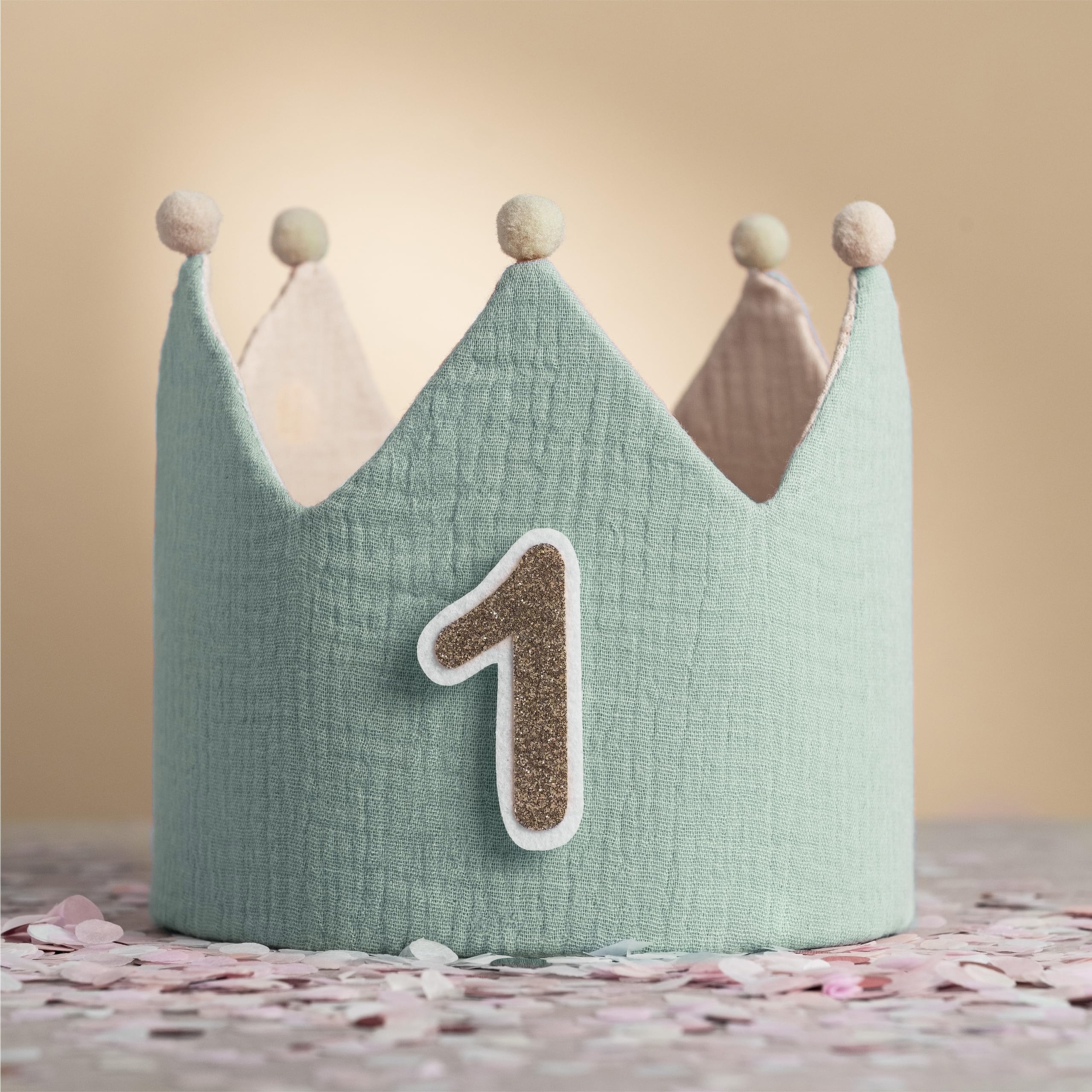 Little Goods Geburtstagskrone inkl. Girlande (Krone und Wimpelkette) für Kinder - wendbare Musselin-Stoffkrone mit Zahlen 0-9 für Jungen, Mädchen in Pastell - Beige und warmen Tönen