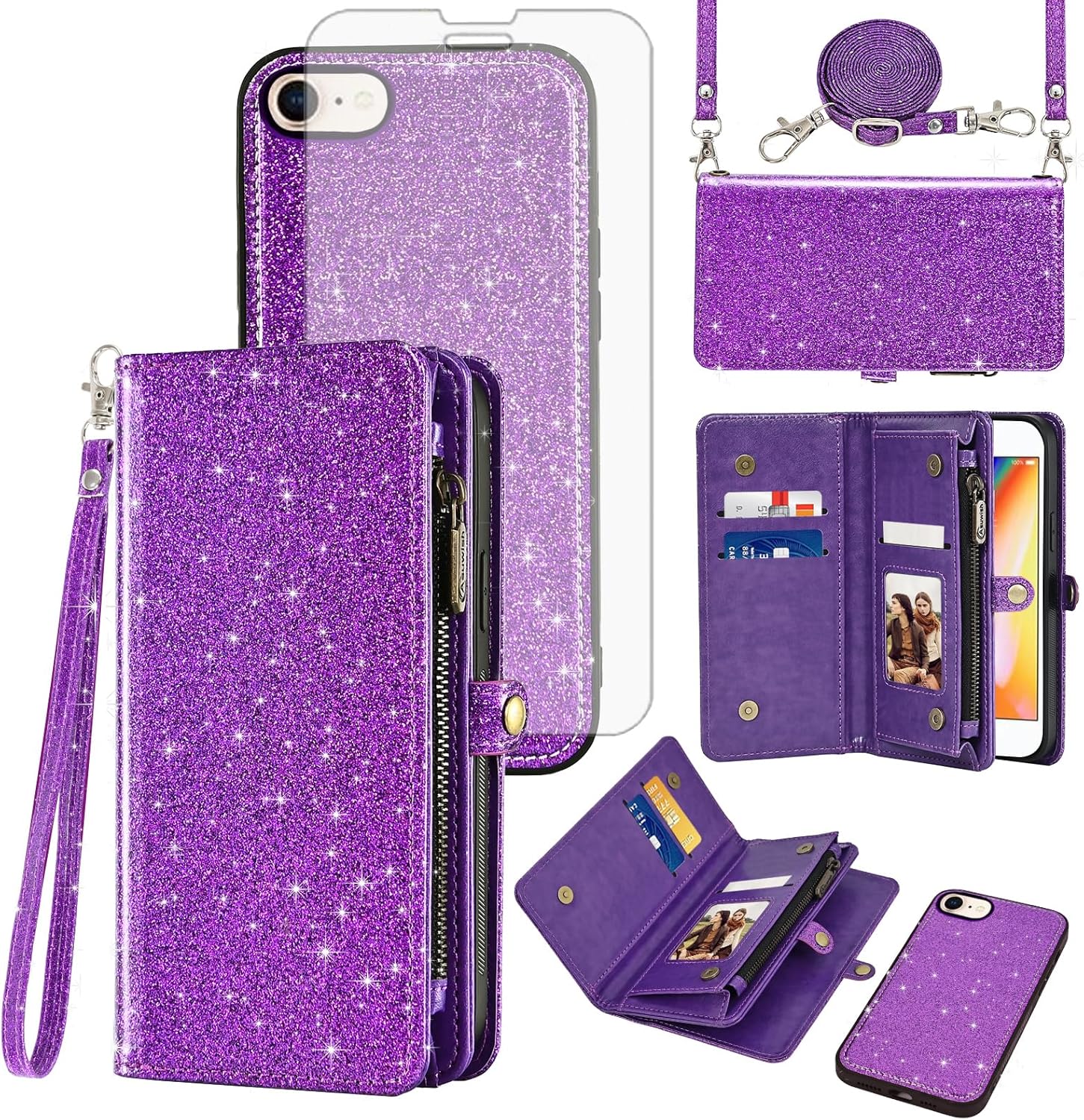Asuwish Phone Case for iPhone 7/8/SE 2020/2022 Zipper Wallet Cell Cover with Screen Protector Flip Card Holder iPhone7 iPhone8 7s 8s i SE2020 SE2022 2/2nd/3/3rd Generation SE2 SE3 7SE 8SE Women Purple