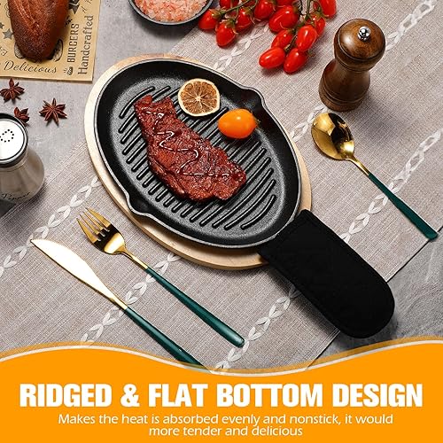 Miniatura 6 de Mifoci 12 juegos de platos de fajita de hierro fundido con bandeja base de madera y mango sartén de hierro fundido para carne, pollo, fajitas