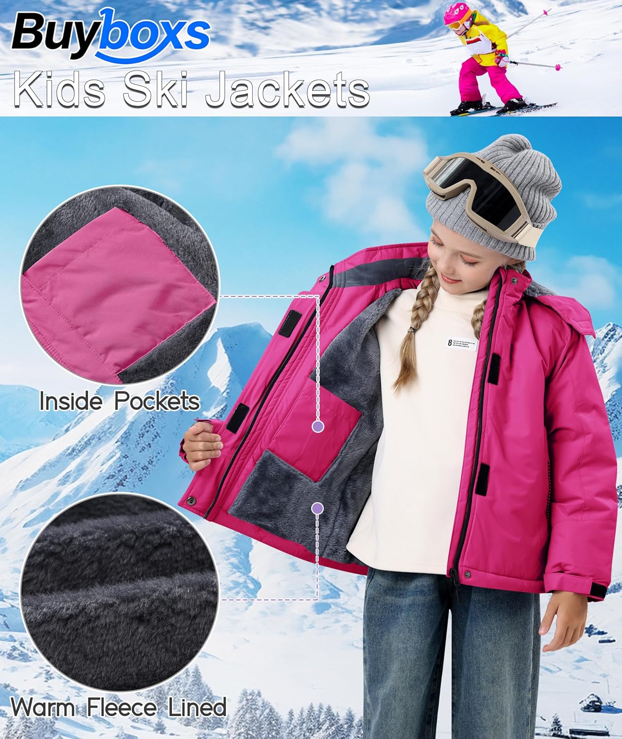 Kids Winter Jackets Warm Fleece Waterproof Snow Jacket with Zipper Pockets Detachable Hood