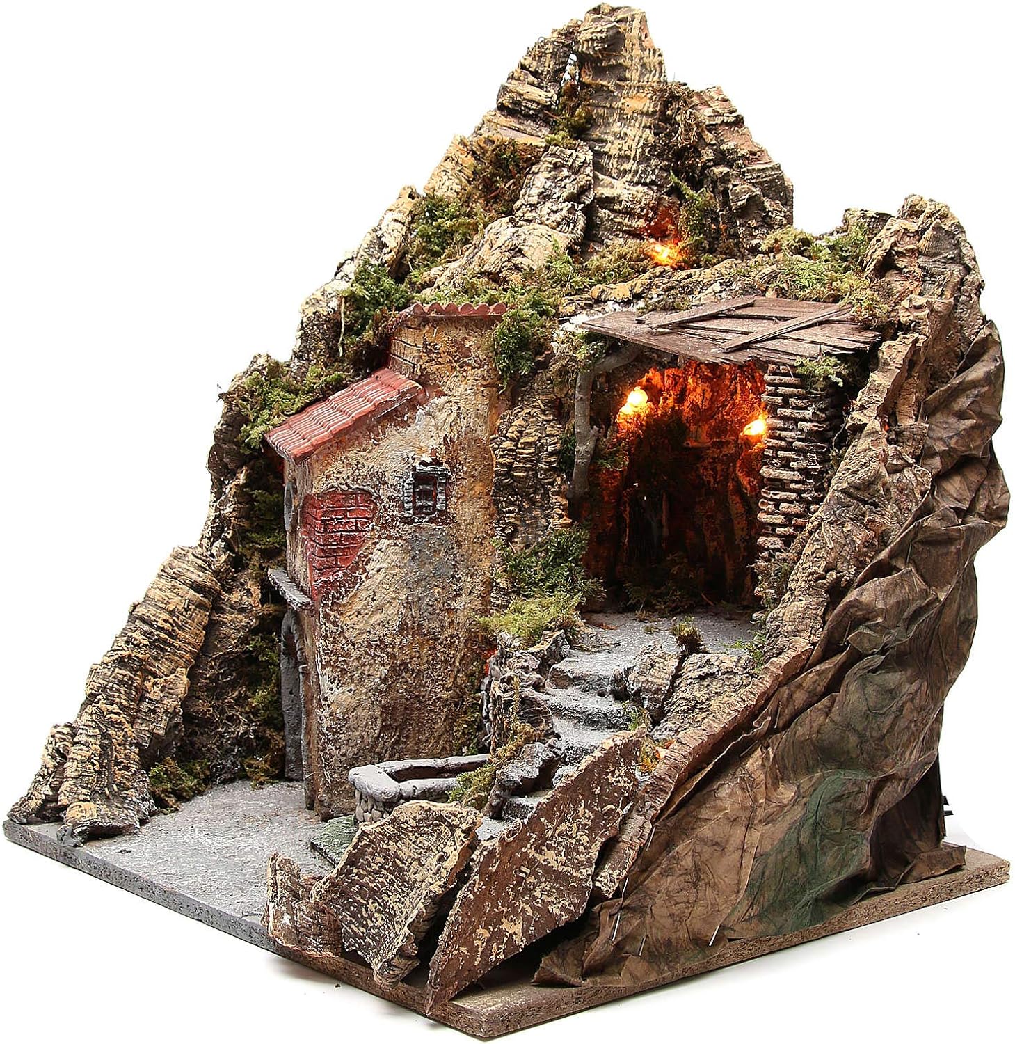 Neapolitan Nativity Scene Village with cave and Fountain 38x45x35 cm