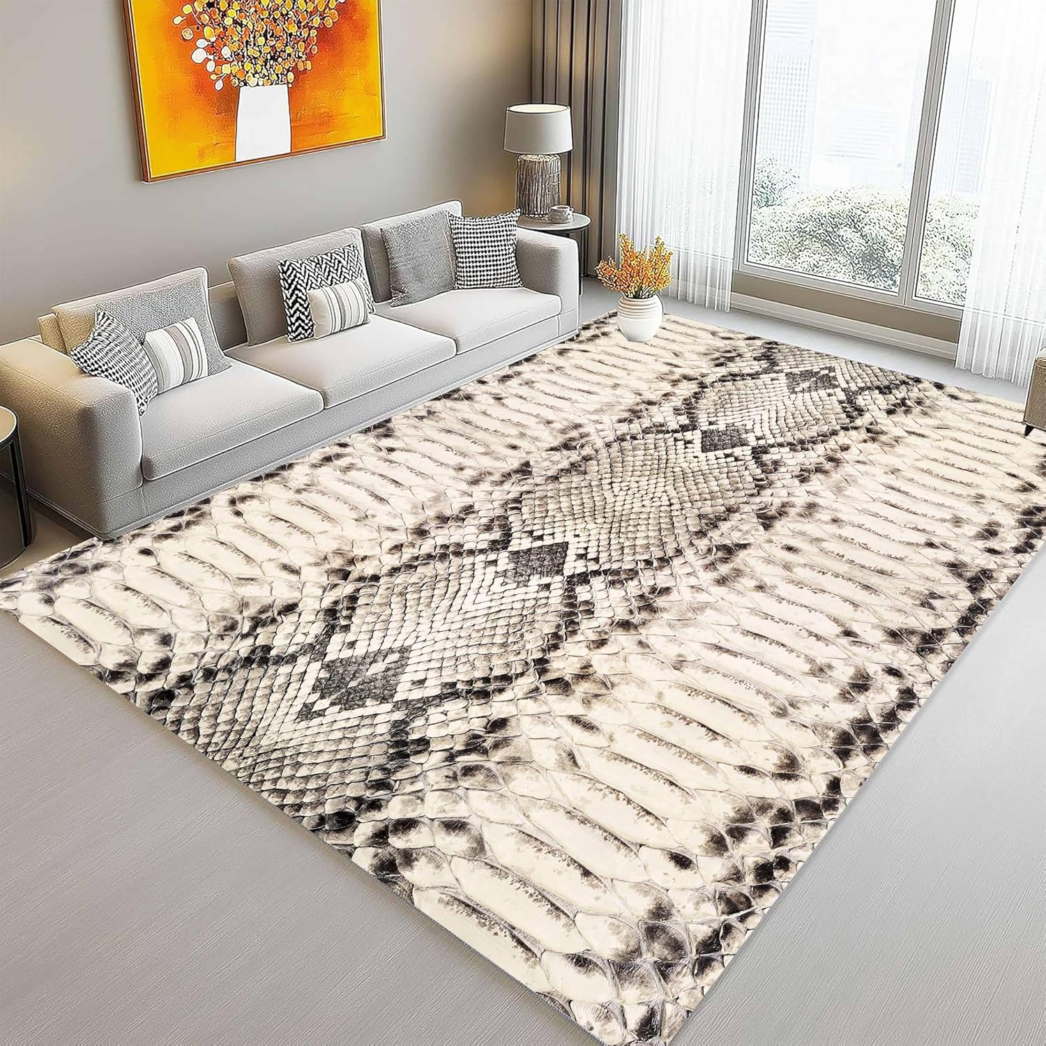 Python Print Area Rug 3x4, Snake Skin Pattern in Black and Beige, Non-Slip Washable Carpet for Living Room, Bedroom, Dining Room, Dormitory Decor