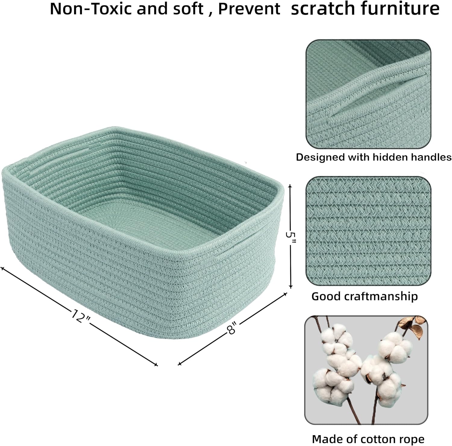 XUANGUO Small Woven Storage Baskets 12“X8”X5“ Decorative Rope Bins for Organizing Shelves, Closets, and Toys, Empty Gift Baskets, Cute Organizer Basket for Home and Office (green, regular)
