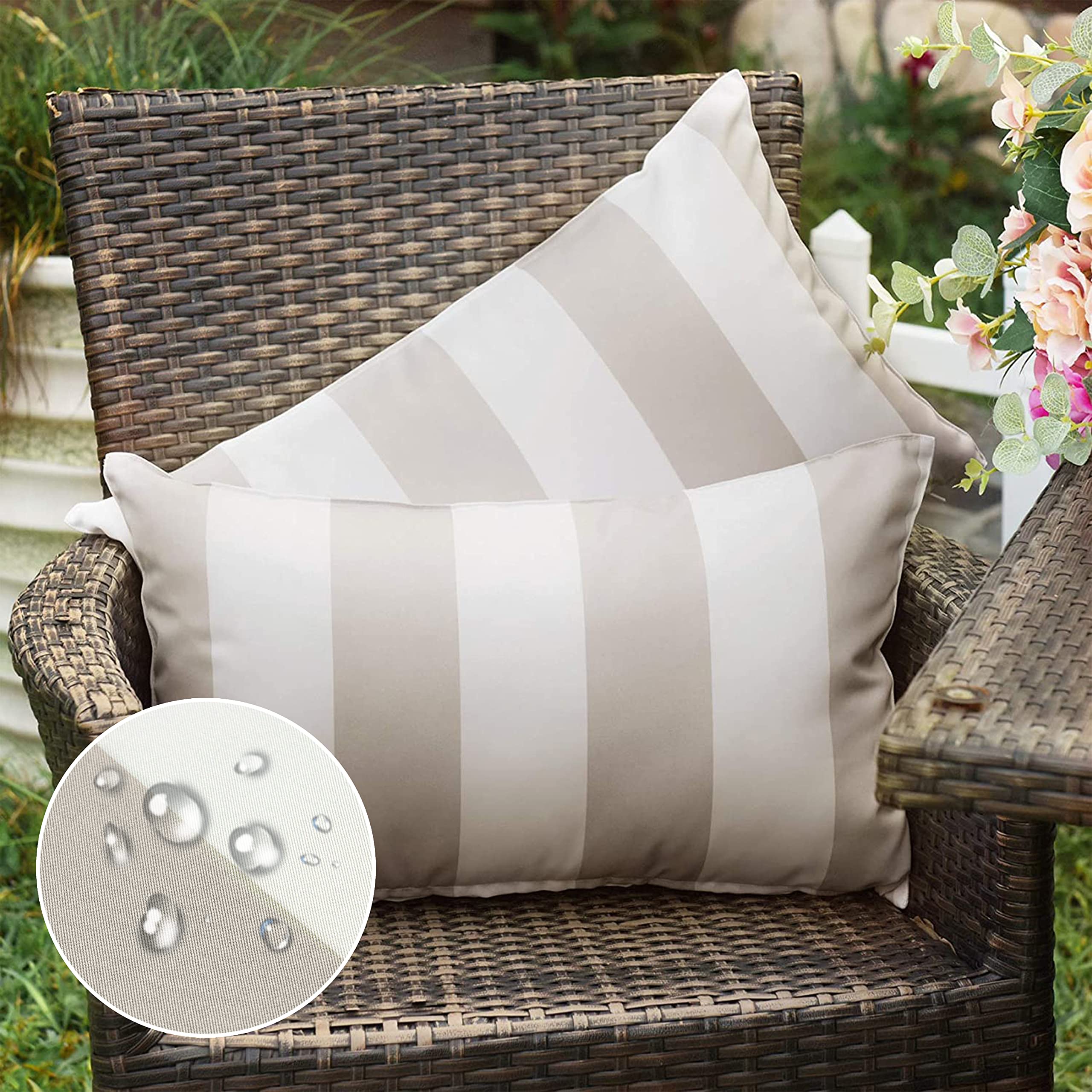 Western Home Pack of 2 Decorative Outdoor Solid Waterproof Striped Throw Pillow Covers Polyester Linen Garden Farmhouse Cushion Cases for Patio Tent Balcony Couch Sofa 12x20 inch Sand