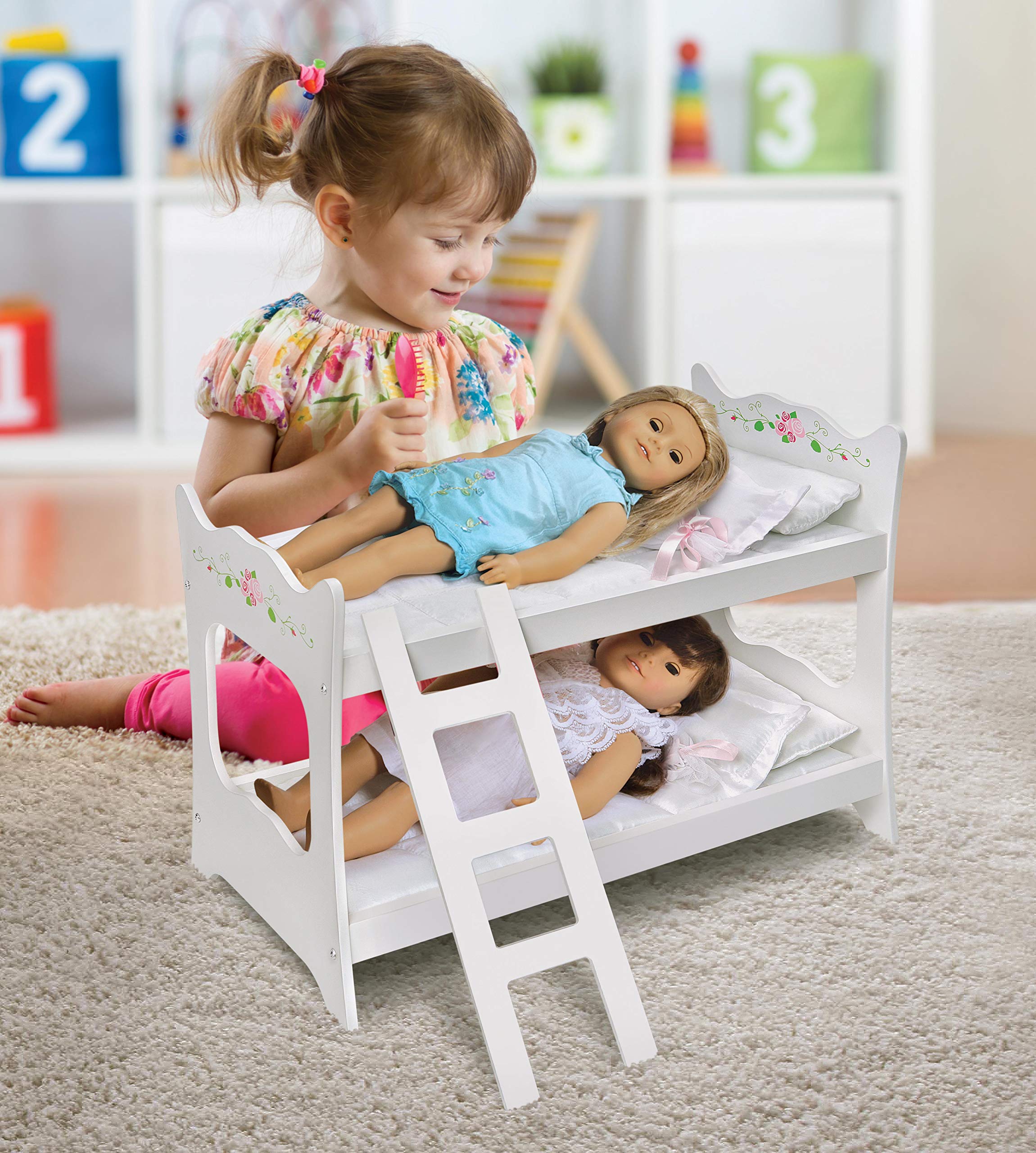 Badger Basket Doll Bunk Bed with Ladder and Bedding (fits American Girl Dolls), White/Pink/Green, 20 inch (15304)