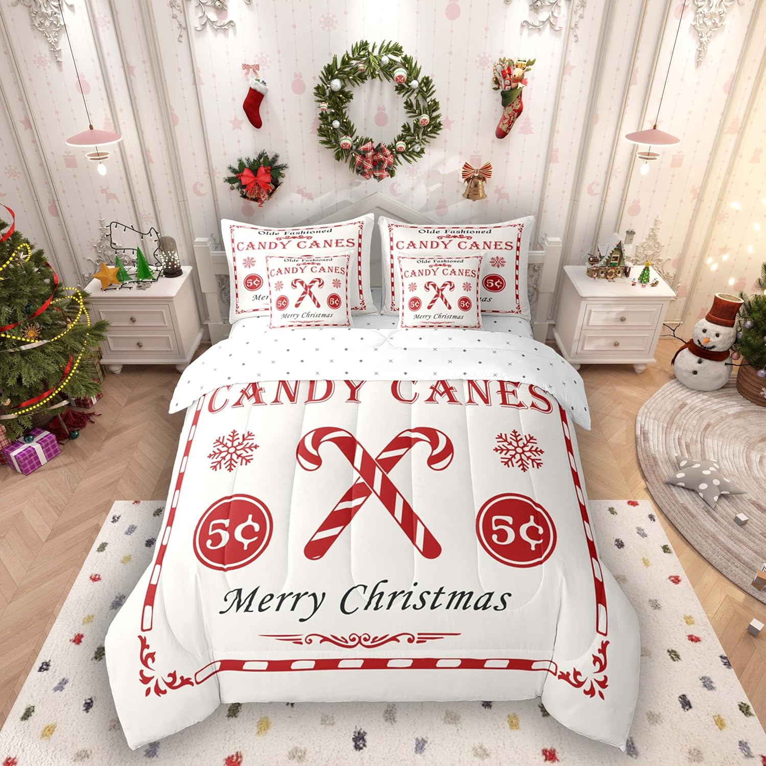 Feelyou Christmas Bedding Set 7 Pieces Kids Christmas Quote Bedding Set Full Size Candy Canes Print Comforter Set Xmas White Bed in a Bag （Comforter, Sheets, Pillowcases & Cushion Covers）