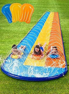Sloosh 18ft Triple Lanes Slip Slide and 3 Boogie Boards, Backyard Lawn Water Slides with Sprinkler for Kids Adults Outdoor Water Toy Summer Fun
