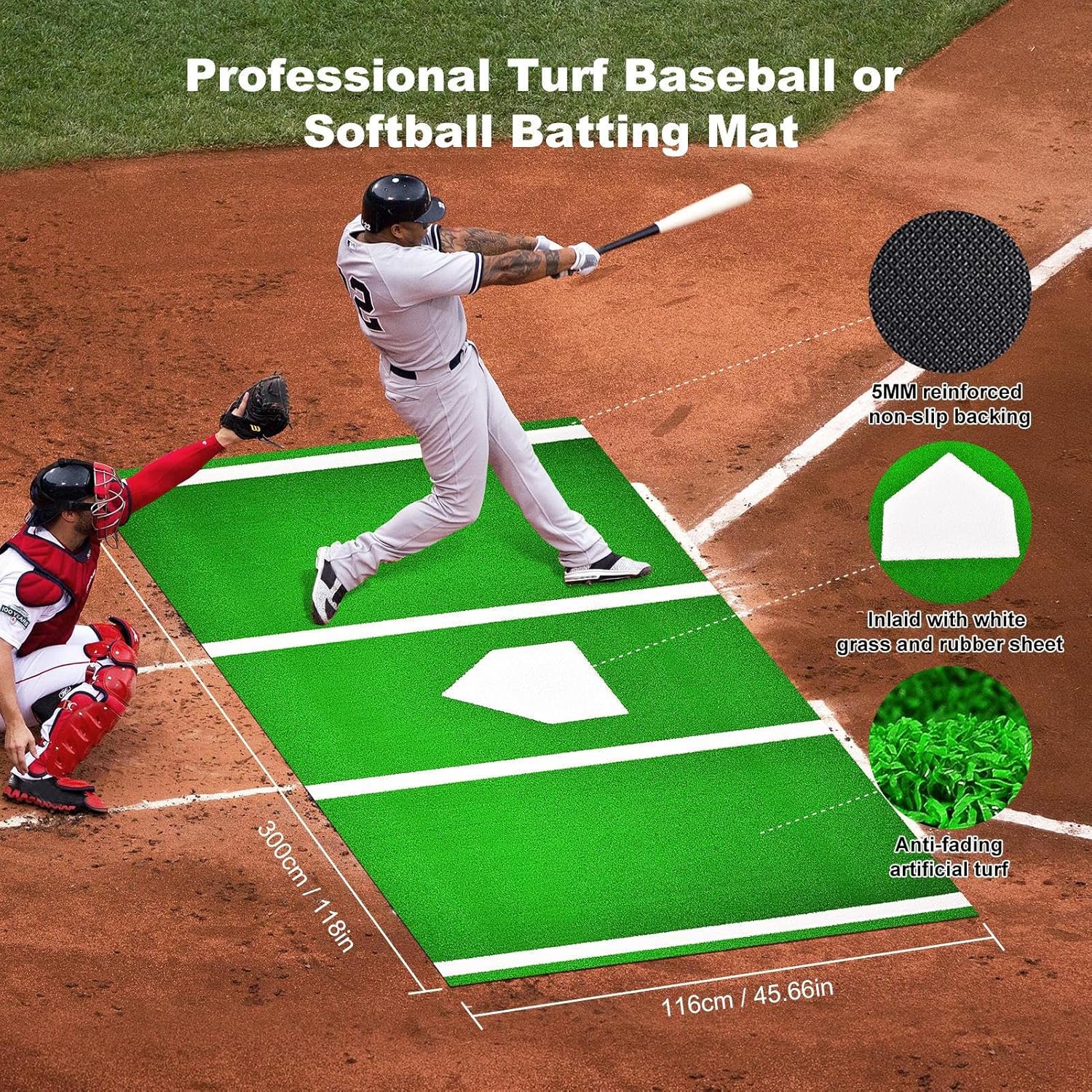 Thick Upgraded Version Baseball Hitting Mat 10' X 3.8' with Antislip Rubber Backing Softball Training Matts with Home Plate Antifade Batters Box Turf Portable Practice Mat with Carry Strap