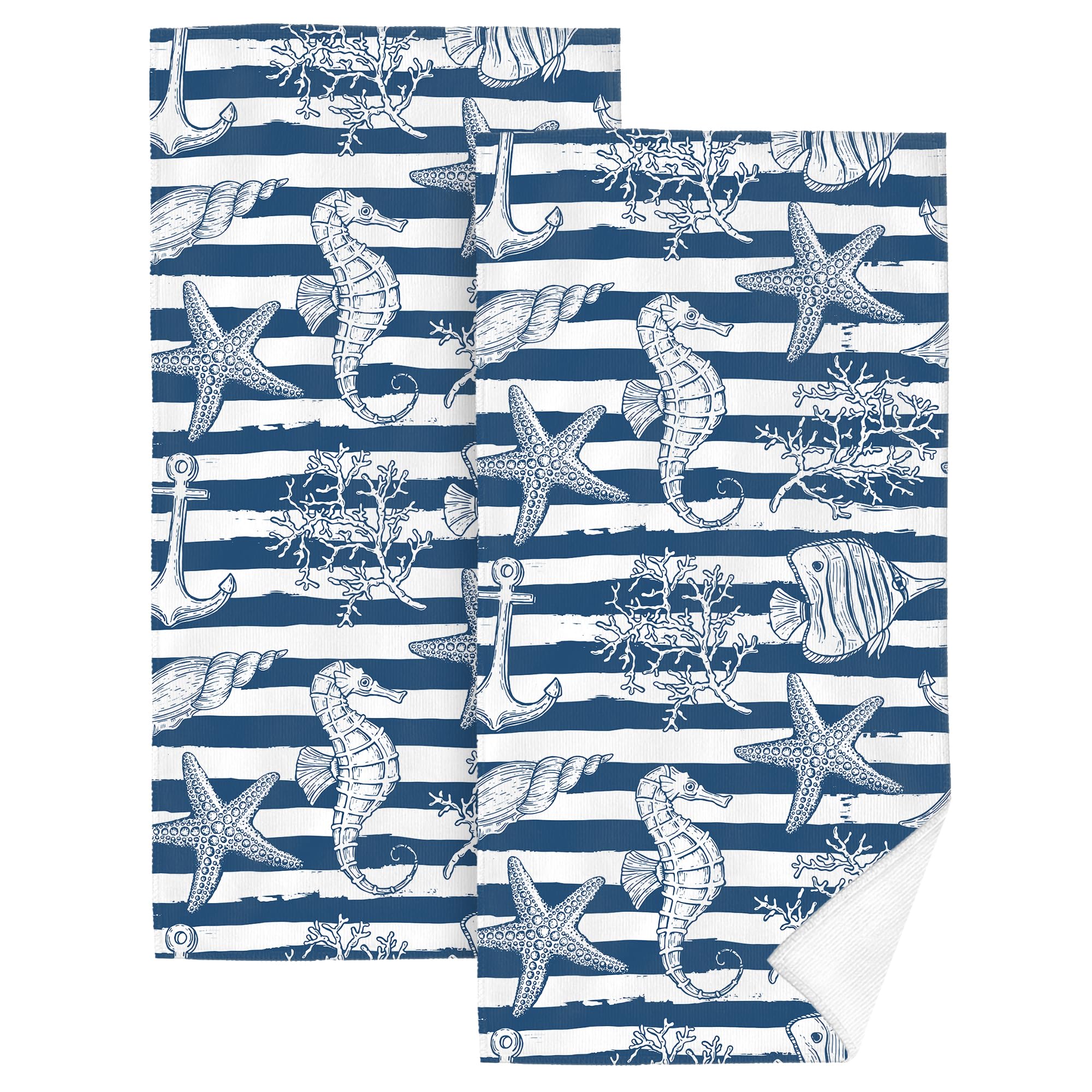 HIKENVIU Nautical Bathroom Decor Blue Bath Towels 14"x28" Set of 2 Soft Absorbent Sea Coral Seahorse Beach Decorative Hand Towels for Bathroom Spa