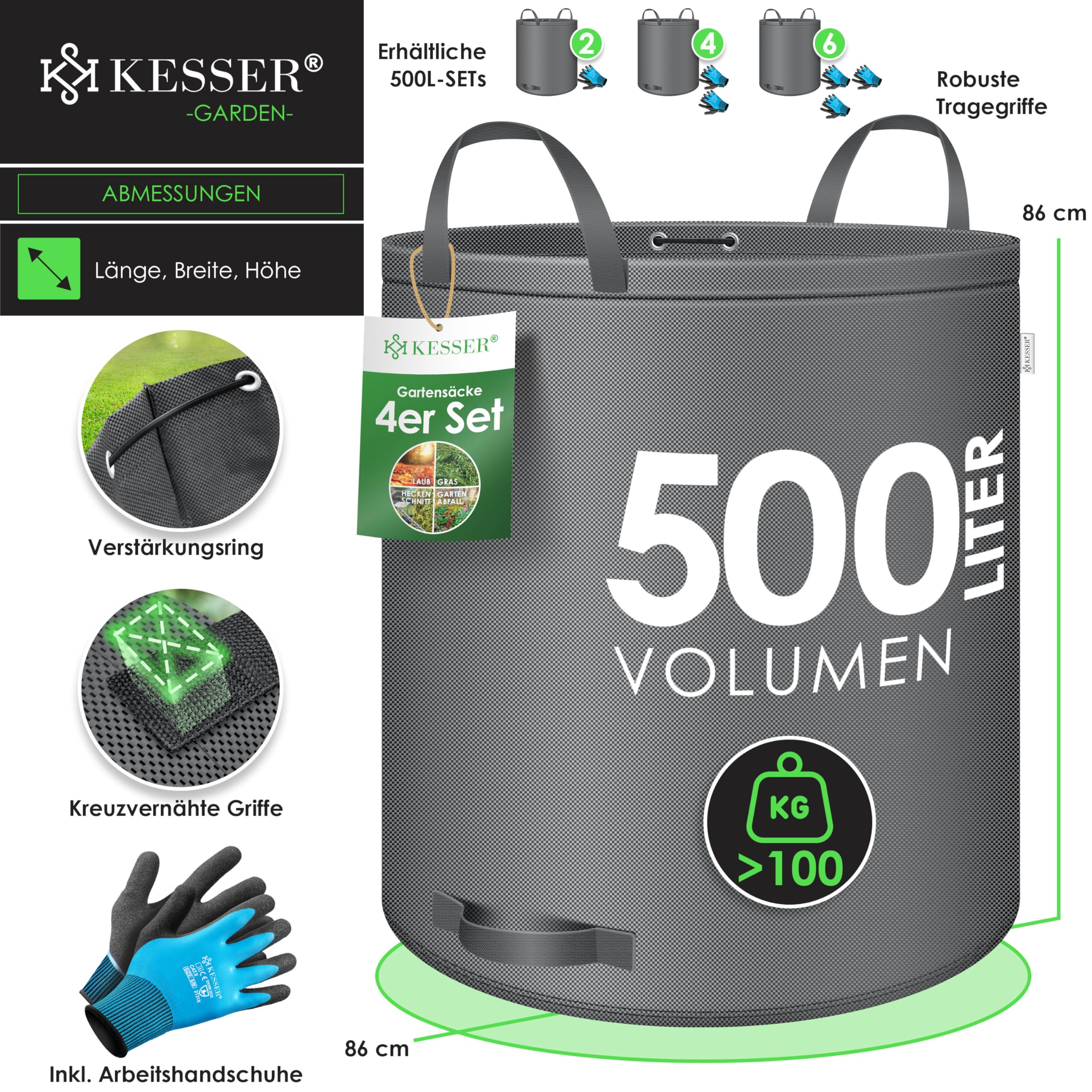 KESSER Set di 4 sacchi da giardino da 500 l, con guanti, 4 manici, stabili e pieghevoli, per tagliare il prato, per rifiuti da giardino, taglio verde, antracite