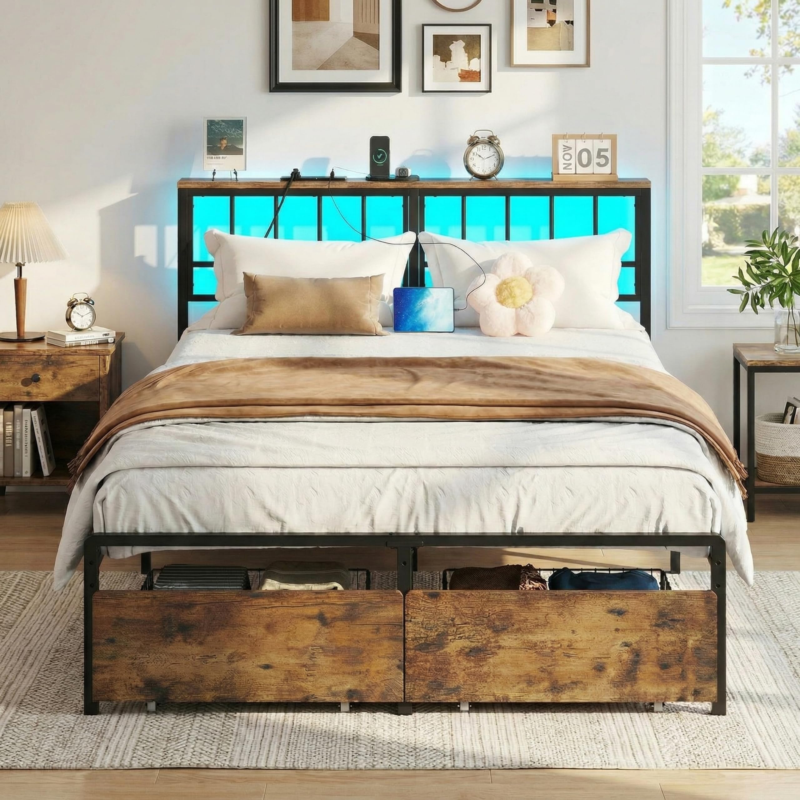 IRONCK Bett 140x200 mit Stauraum, Metallbett mit 2 Schubladen, Bettgestell 140 x 200 mit LED-Beleuchtung & Ladestation, Jugendbett, Doppelbett mit Lattenrost aus Metall