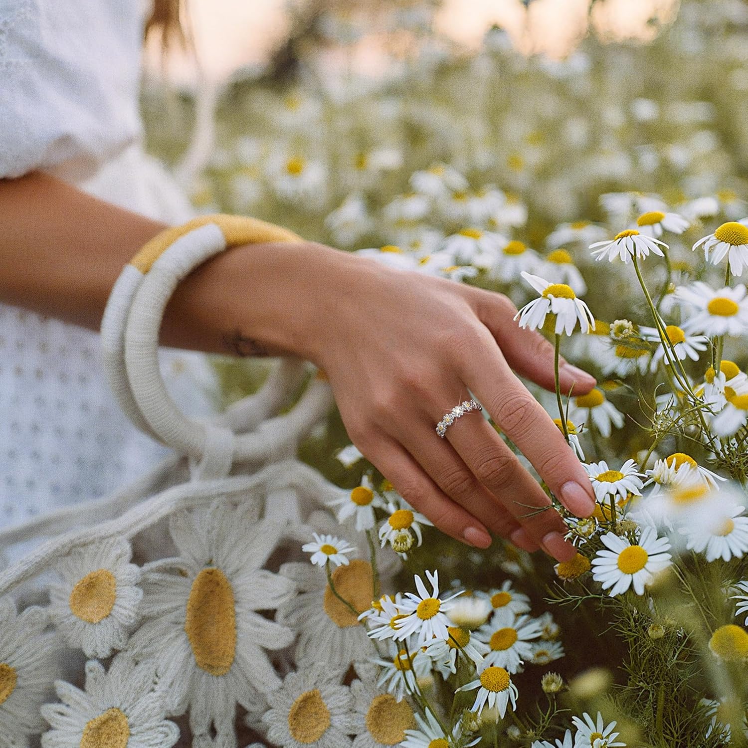 MILACOLATO Valentine's Day Gifts - 925 Sterling Silver Ring 18K Gold Plated Daisy Flower Ring Paved with Coloful Cubic Zirconia High Polished Comfort Fit Sunflower Stacking Statement Wedding Band Ring for Women Mother's Day Jewelry - Image 3