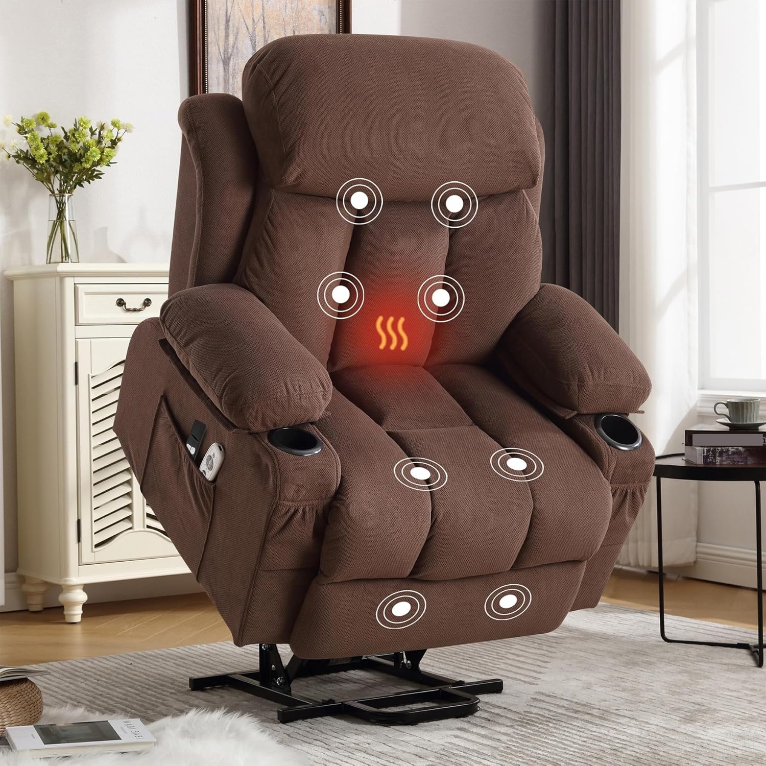 Reclining Sofa for Living Room, Bedroom,Home Office Power Lift Recliner Chair with USB/2 Side Pockets/2Cup Holders Electric Massage and Heat Lounge Chair