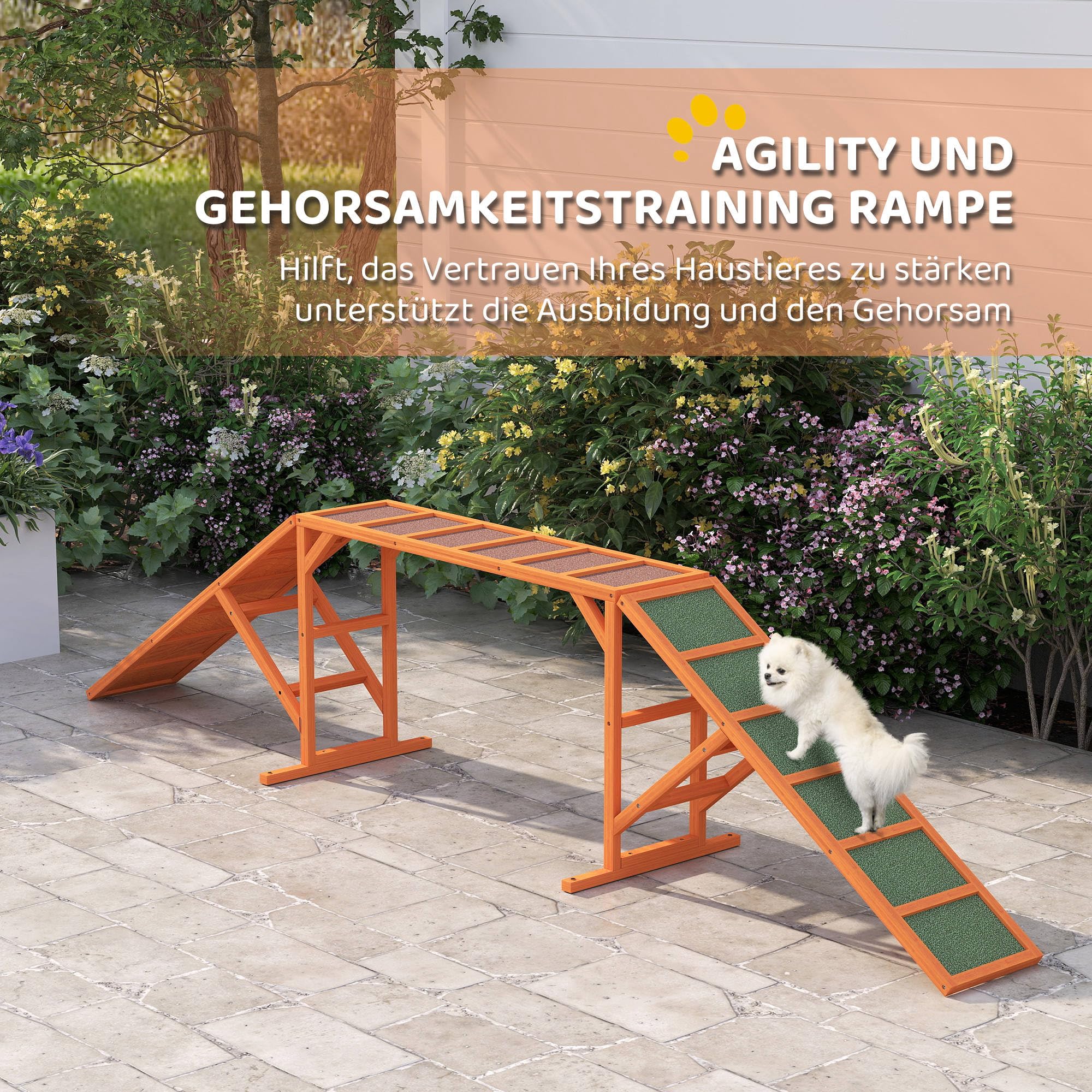 PawHut Hunde Agility Steg Agility-Ausrüstung für Hunde mit Sicherheitsstange Rutschfester Oberfläche wetterfest Agility-Gerät als Laufsteg & Trainingsequipment bis 40 kg für Garten 335x55x60cm Orange