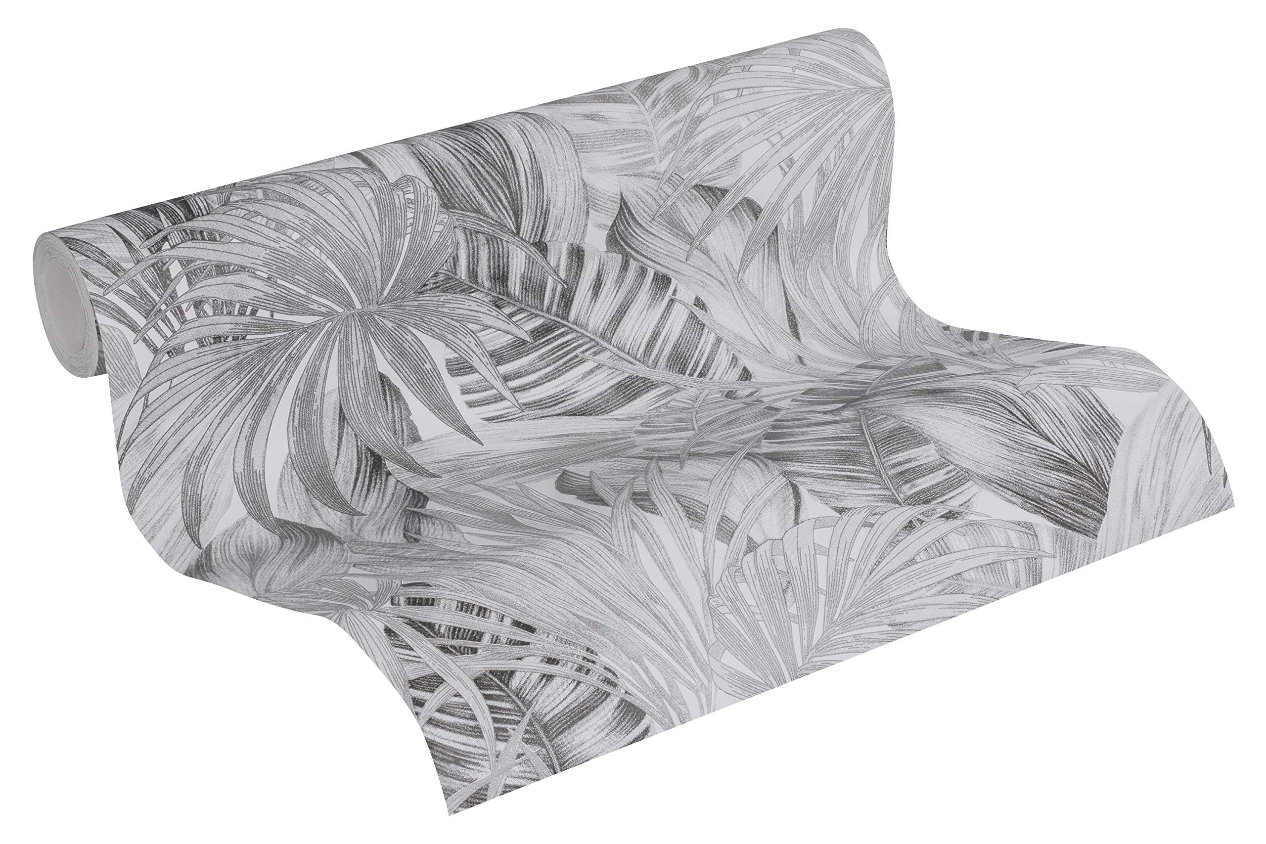 A.S. CreationPalm Wallpaper Greenery Non-Woven Wallpaper 10.05 m x 0.53 m Black White Grey Made in Germany 368203 36820-3