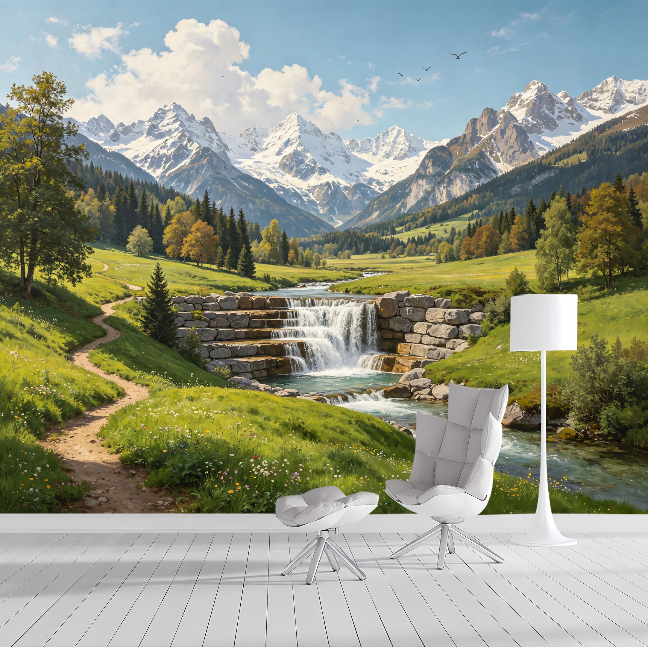 Custom Size Wall Mural Alpine Mountain Waterfall Pastoral SelfAdhesive Wall Fabric Removable Peel and Stick Wallpaper Wall Decor for Living Room Bedroom Bathroom
