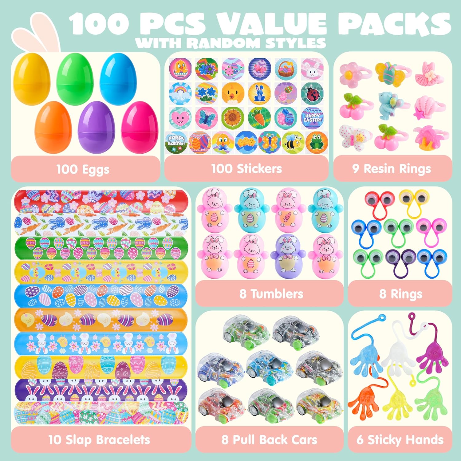 JOYIN 300 Pcs Easter Eggs Bulk with Toys, Assorted Easter Fillers Include 100 Eggs, 100 Toys & 100 Pcs Theme Stickers for Kids Hunt, Basket Stuffers, Party Favors Prize - Image 2