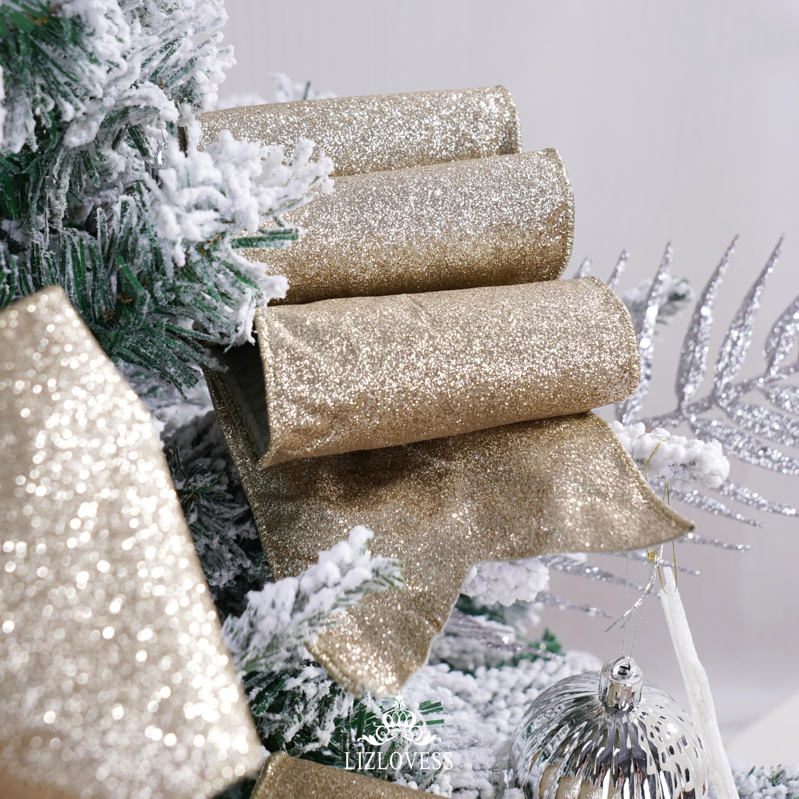 Samtband mit Glitzer-Rückseite, 10,2 cm, Grün und Gold, Weihnachtsband für Weihnachtsbaum, Geschenkverpackungen, Handwerk, Kränze, Topperschleifen (9,1 m)
