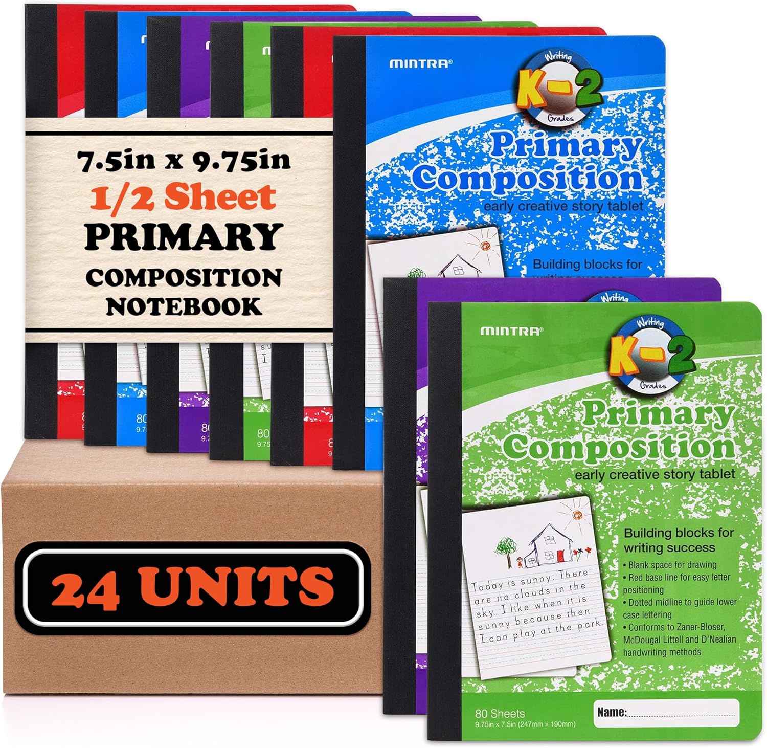 Mintra Primary Composition Notebook, 24 units 6-4 Pack, Assorted Colors, 80 Sheets, 7.5in x 9.75in, 1/2 Sheet, Ruled with Drawing Area, Flexible Hardcover Journal, Grades K-2, School & Home Use