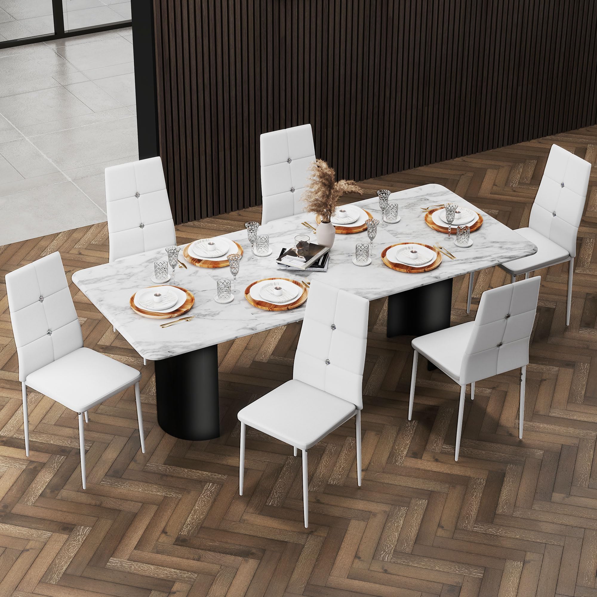HOMCOM Juego de 6 Sillas de Comedor con Respaldo Alto para Salón Blanco | Tapizada en PU, Sillas de Cocina Modernas, Botones, Patas de Acero, Dormitorio