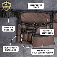 Vista 3 de 19 Pocket Brown and Black Heavy Duty Construction Tool Belt, Work Apron, Tool Pouch, with Poly Web Belt Quick Release Buckle - Adjusts from 33