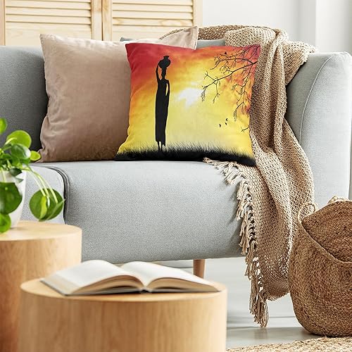 Miniatura 3 de Ambesonne Funda de cojín africana, silueta de una dama local con maceta en la cabeza al atardecer, ilustración de Savannah, funda de almohada