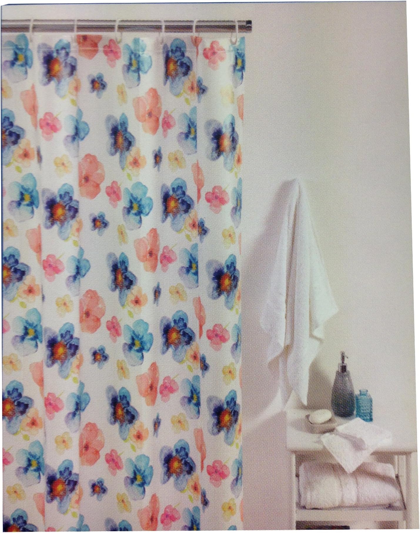Shower Curtain Floral Multi, Funky Retro Flowers Leaves, Navy Blue Peach Red Pink Yellow Green, 12 Plastic Ring / Hooks Included