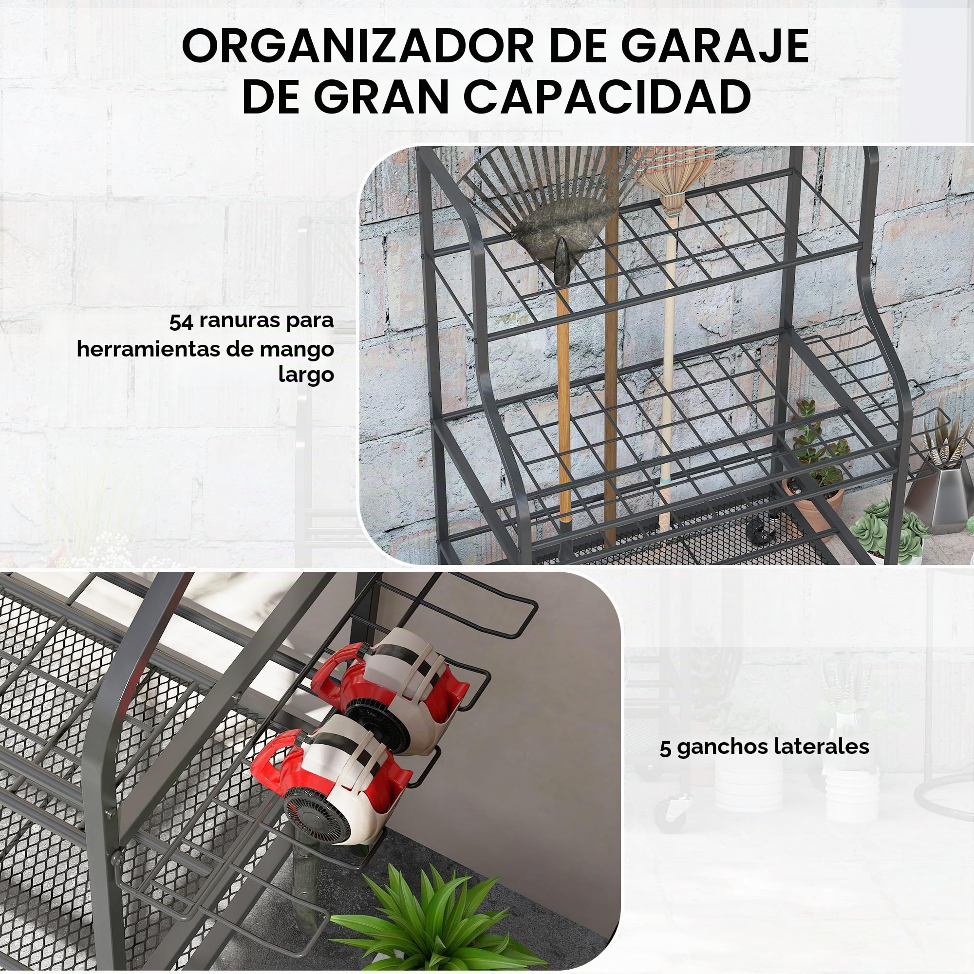 Outsunny - Organizador de herramientas de jardín (54 ranuras, 5 ganchos), color negro | Portaherramientas Garaje Acero Ruedas 3 Niveles, Rastrillos, Almacenamiento Herramientas Jardín