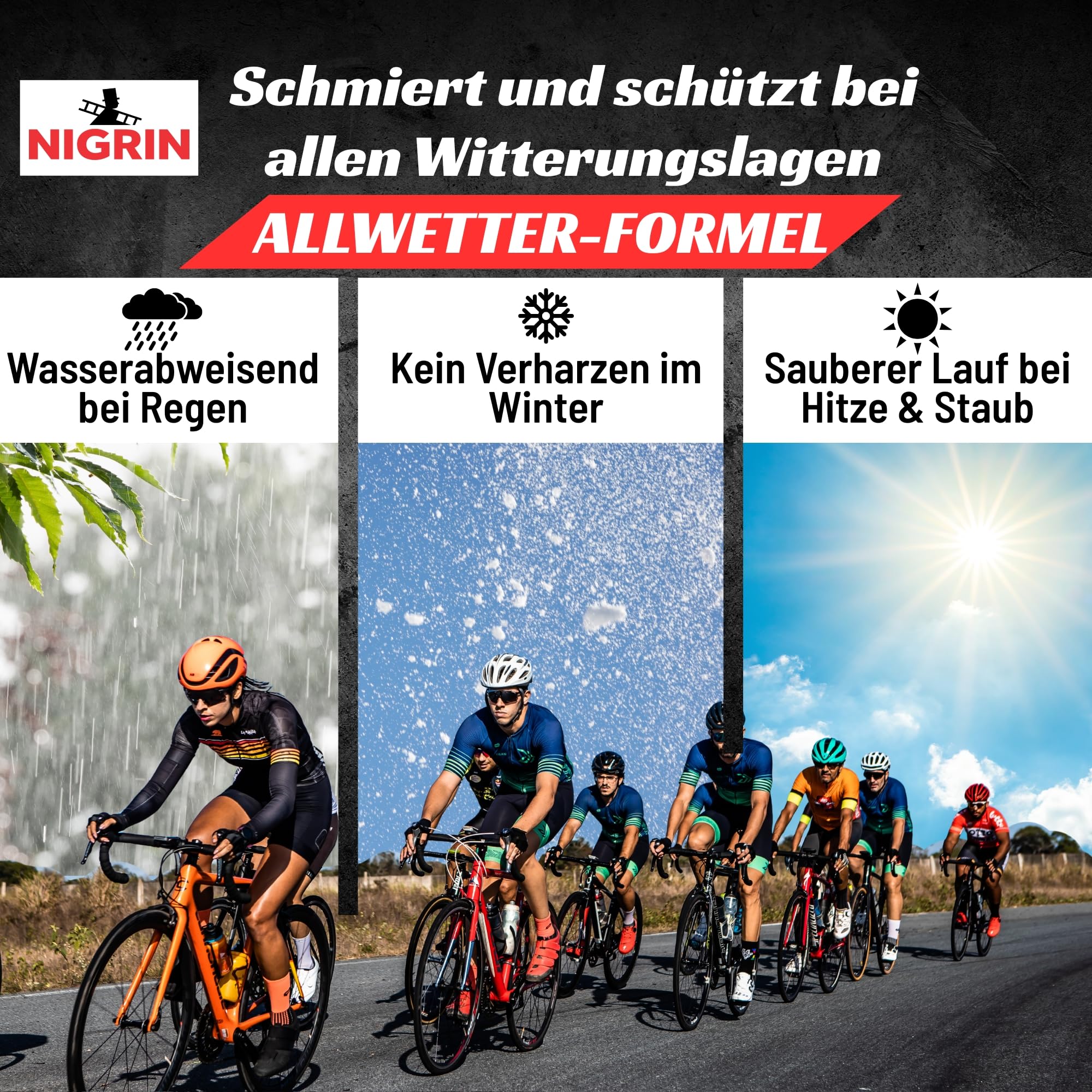 NIGRIN BIKE-CARE Lot de 6 huiles de chaîne toutes saisons 100 ml (6 x 100 ml) – Lubrifiant pour chaînes de vélo par tous temps – Réduit les frottements, protège contre la rouille, pour vélo électrique