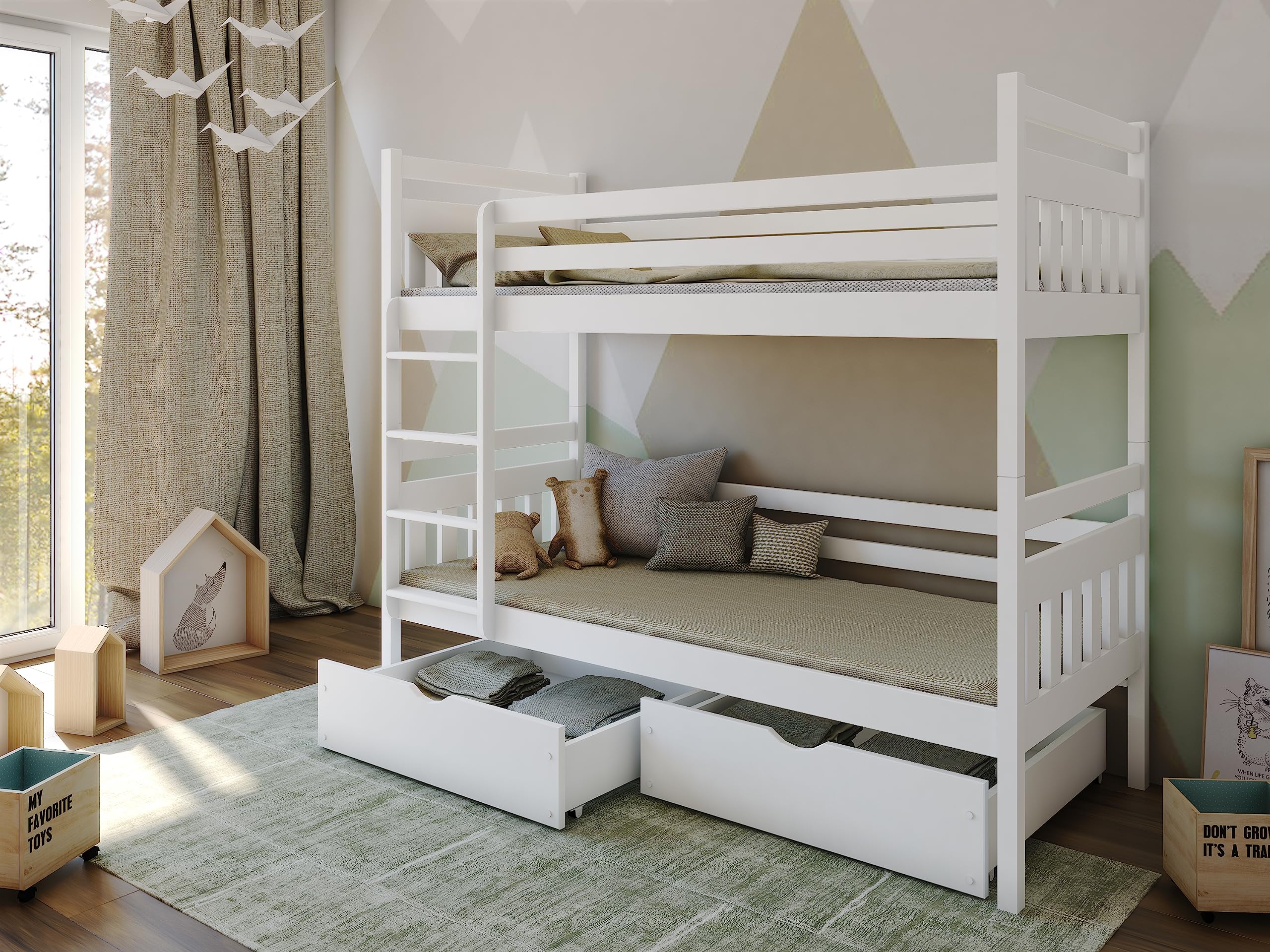 LANO meble Lit superposé Enfant ADAŚ 80x170 Blanc, avec tiroirs à Jouets, barrière de sécurité et échelle Universelle