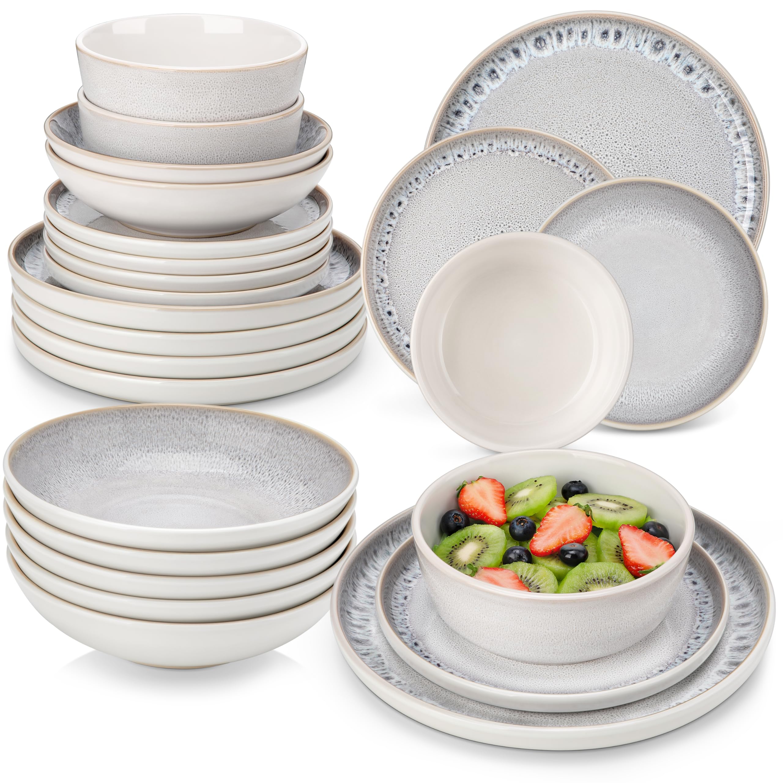 vancasso Plates and Bowls Set for 6, 24-Piece Reactive Glaze Grey Dinner Set, Mediterranean Style Crockery Set, Chip and Scratch Resistant Plates Set